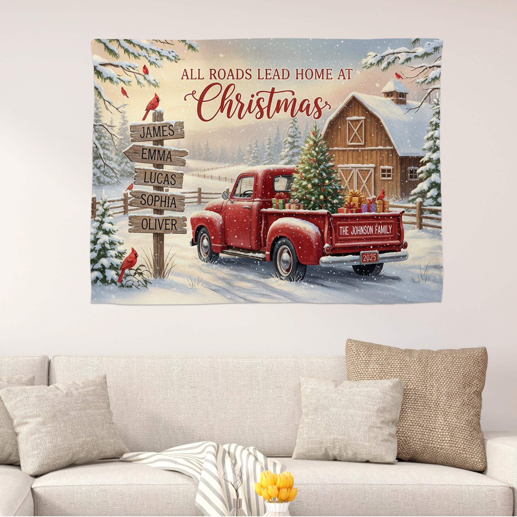 Custom Christmas Farmhouse Tapestry with Red Truck and Barn Scene image 5