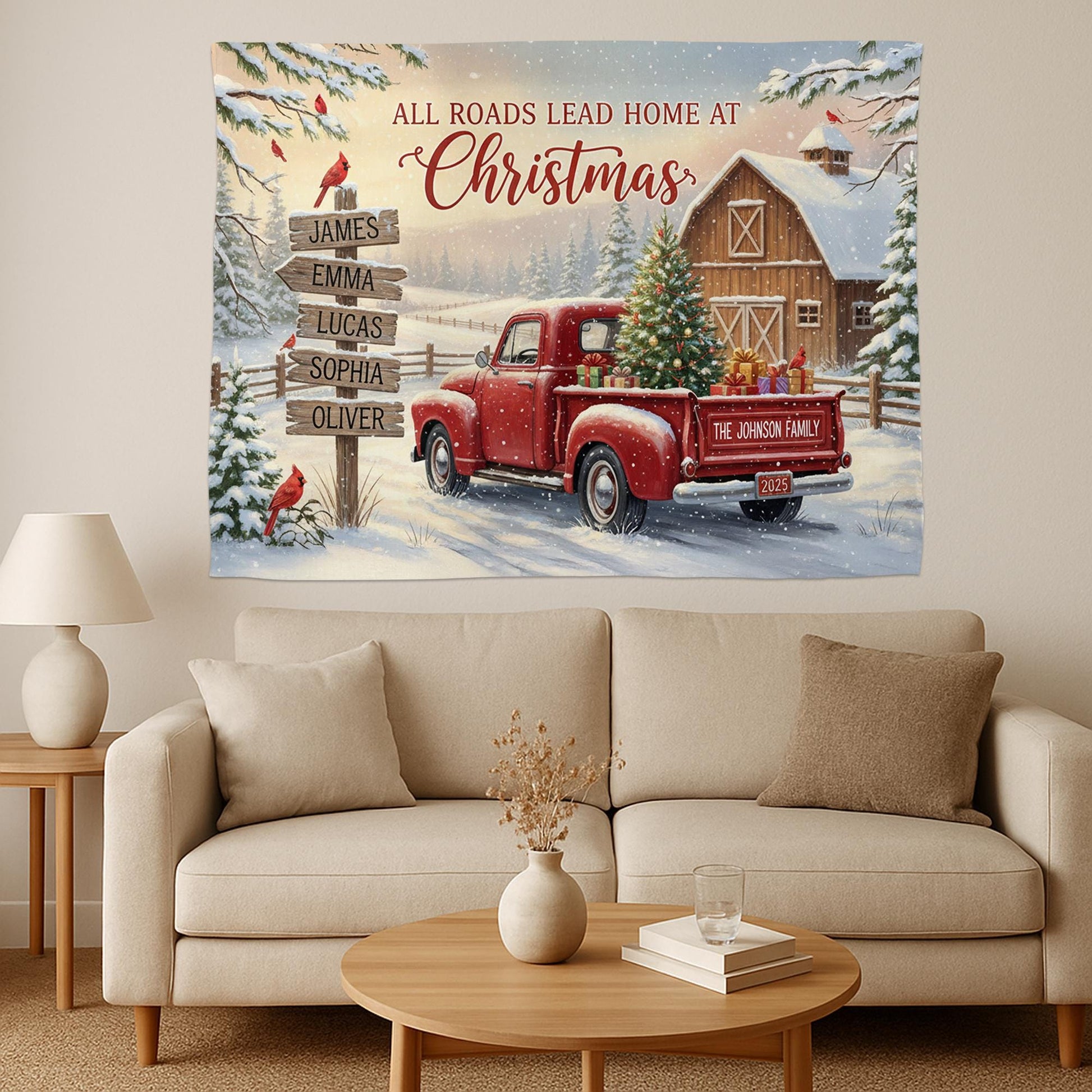 Custom Christmas Farmhouse Tapestry with Red Truck and Barn Scene image 3