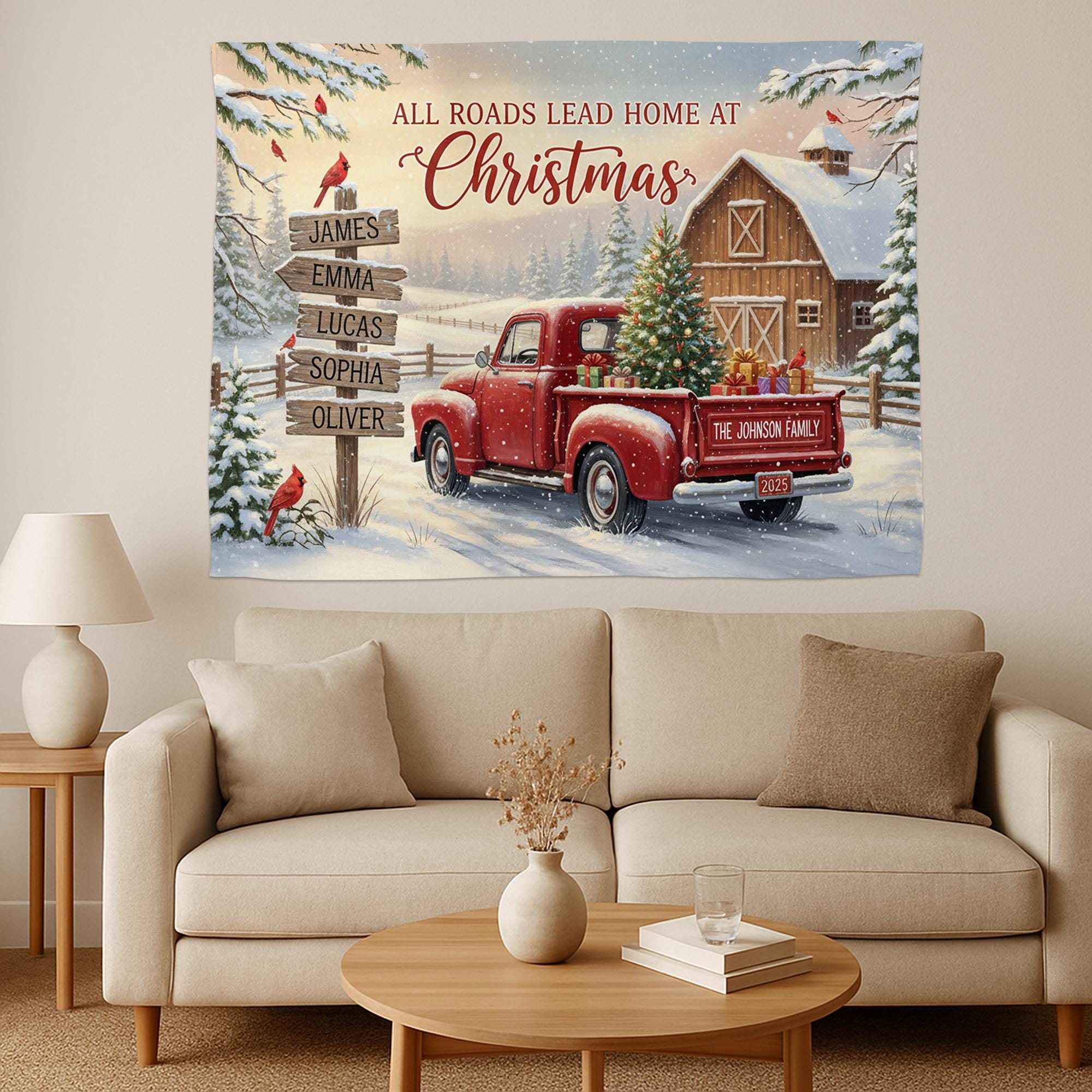 Custom Christmas Farmhouse Tapestry with Red Truck and Barn Scene image 3