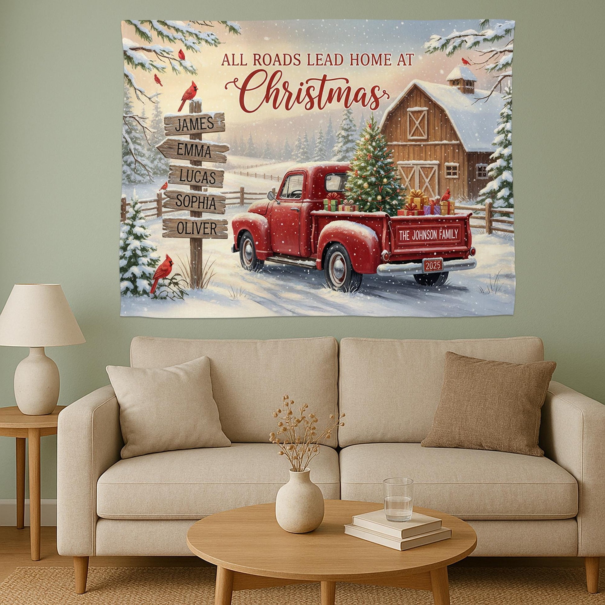 Custom Christmas Farmhouse Tapestry with Red Truck and Barn Scene image 4
