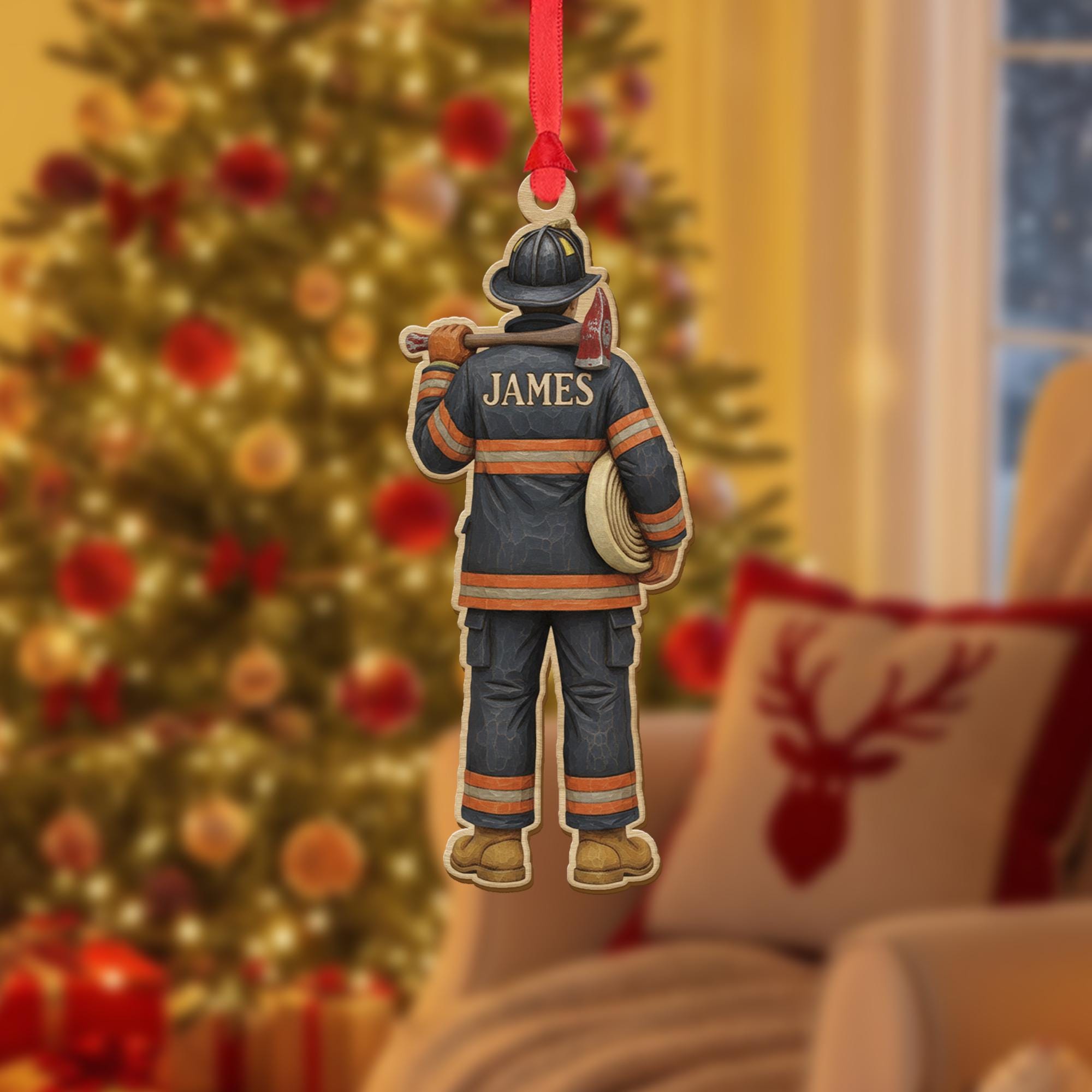 Personalized Firefighter Ornament – Custom Name Design, Fireman Uniform Decoration, Hero Christmas Tree Ornament image 2