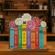 Wooden Bookshelf Block – Floral Book Stack Design, Colorful Library Decor, Book Lover Home Decoration image 1