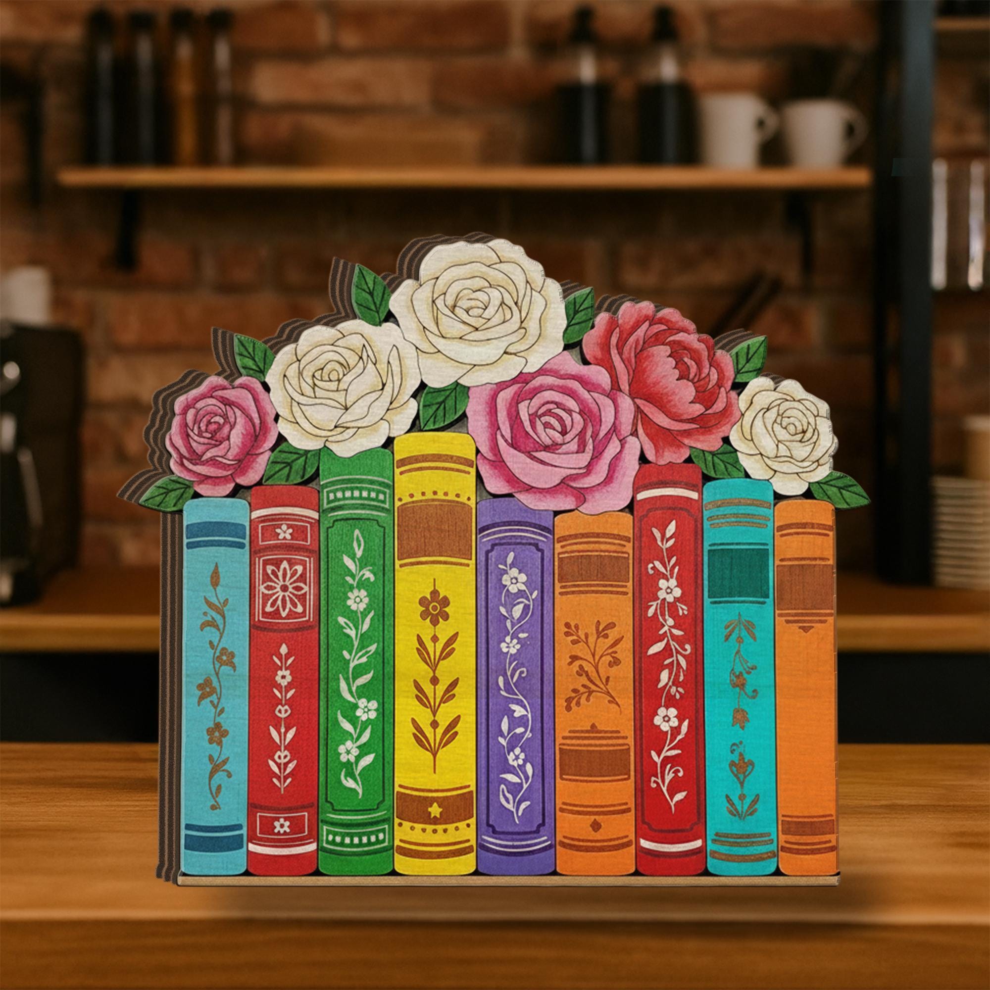 Wooden Bookshelf Block – Floral Book Stack Design, Colorful Library Decor, Book Lover Home Decoration image 1