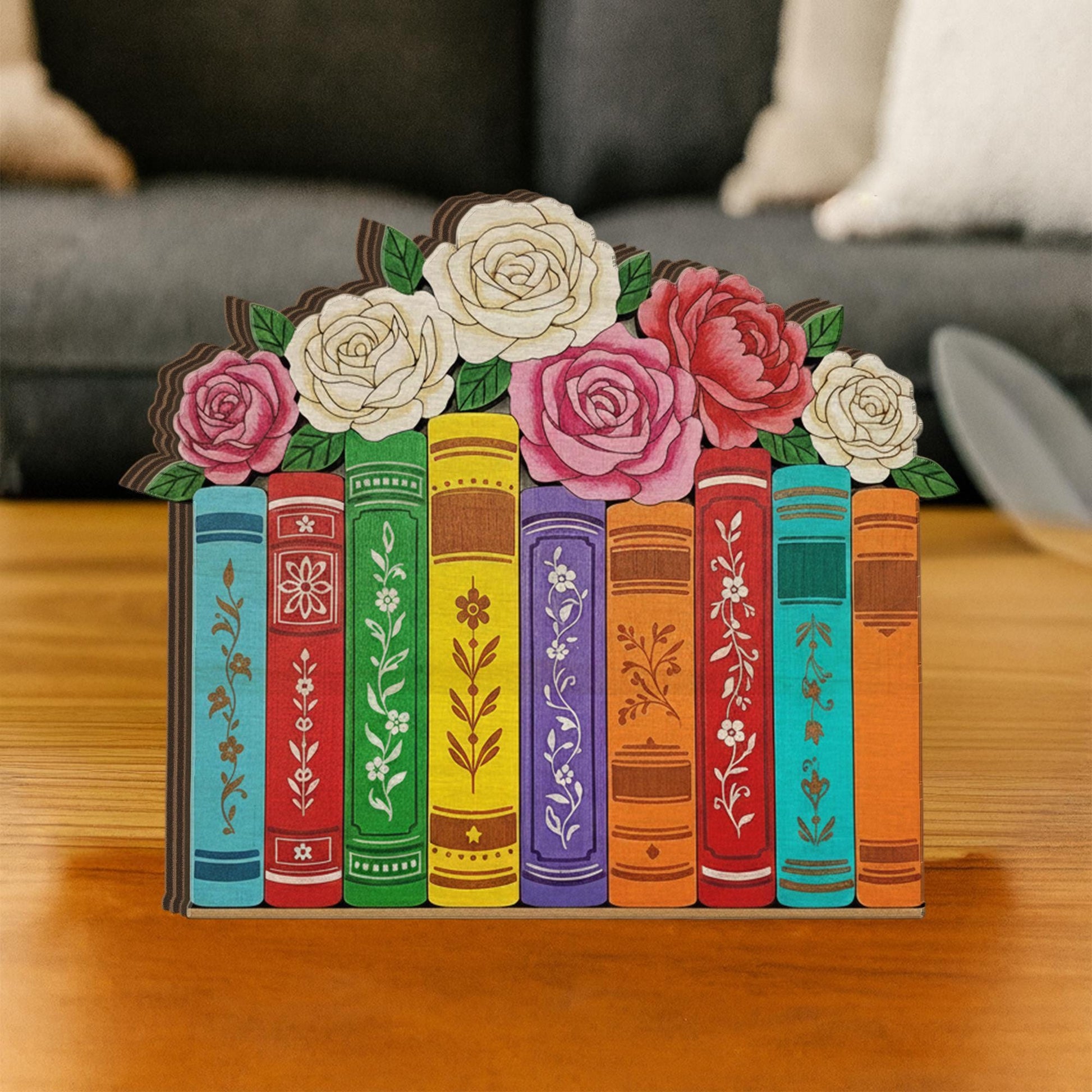 Wooden Bookshelf Block – Floral Book Stack Design, Colorful Library Decor, Book Lover Home Decoration image 3
