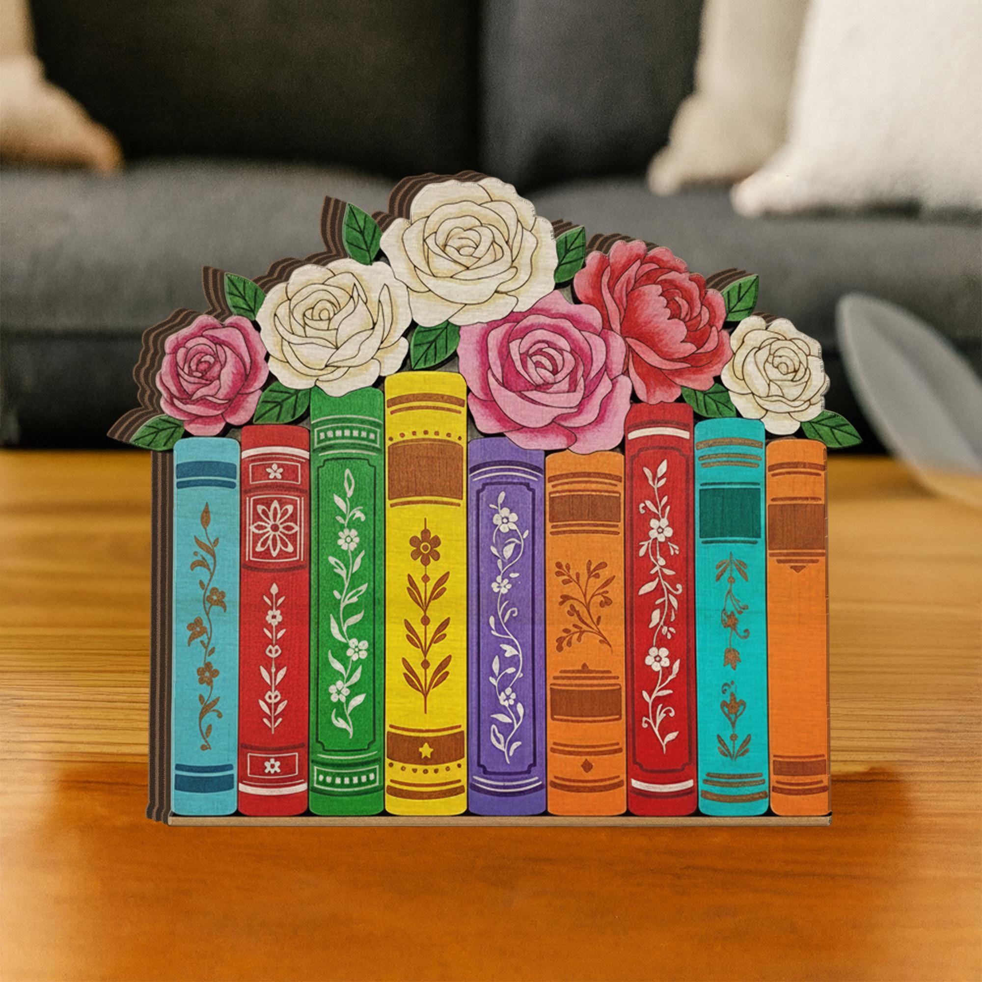 Wooden Bookshelf Block – Floral Book Stack Design, Colorful Library Decor, Book Lover Home Decoration image 3