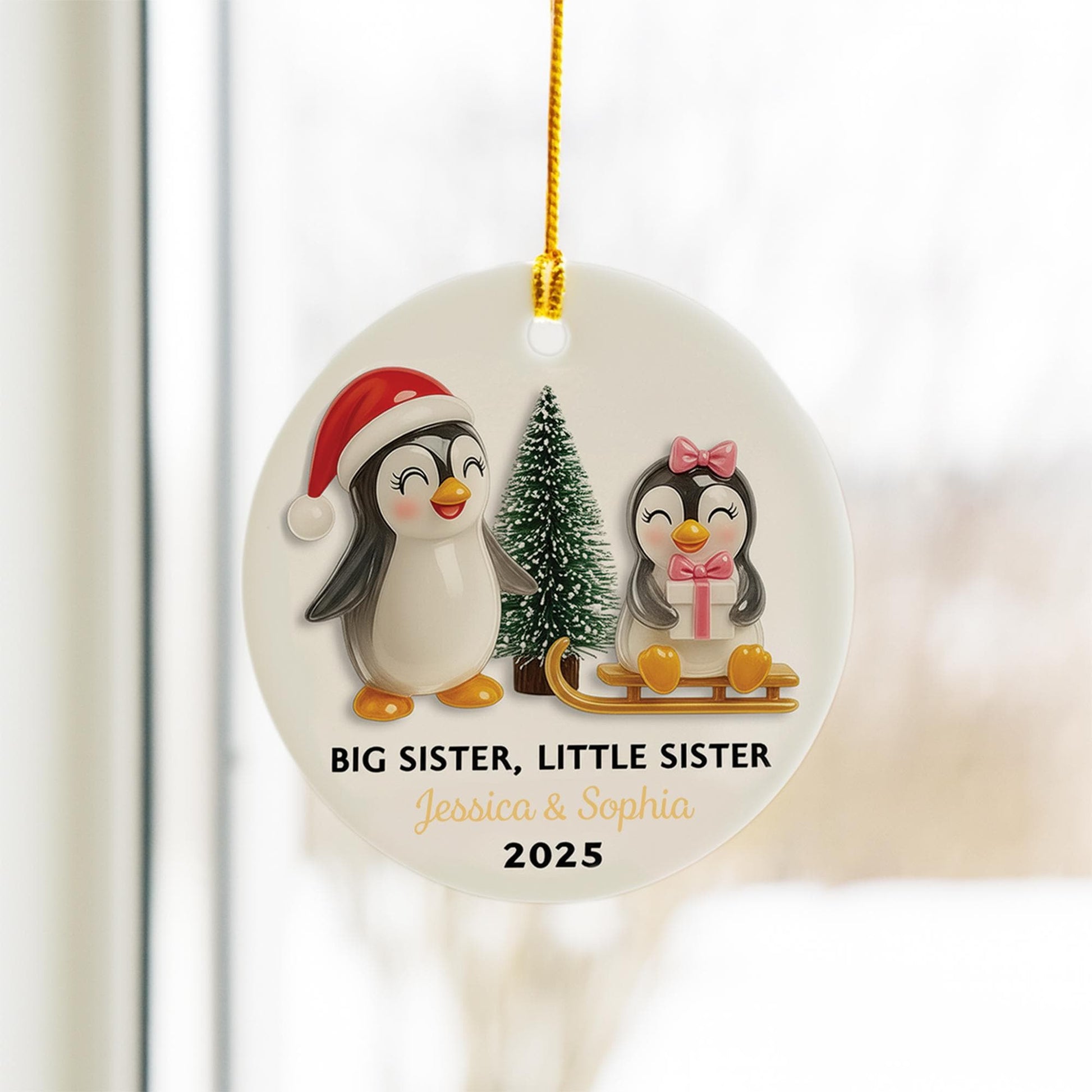 Personalized Penguin Sibling Ornament: Custom Ceramic Keepsake (Dated 2025)