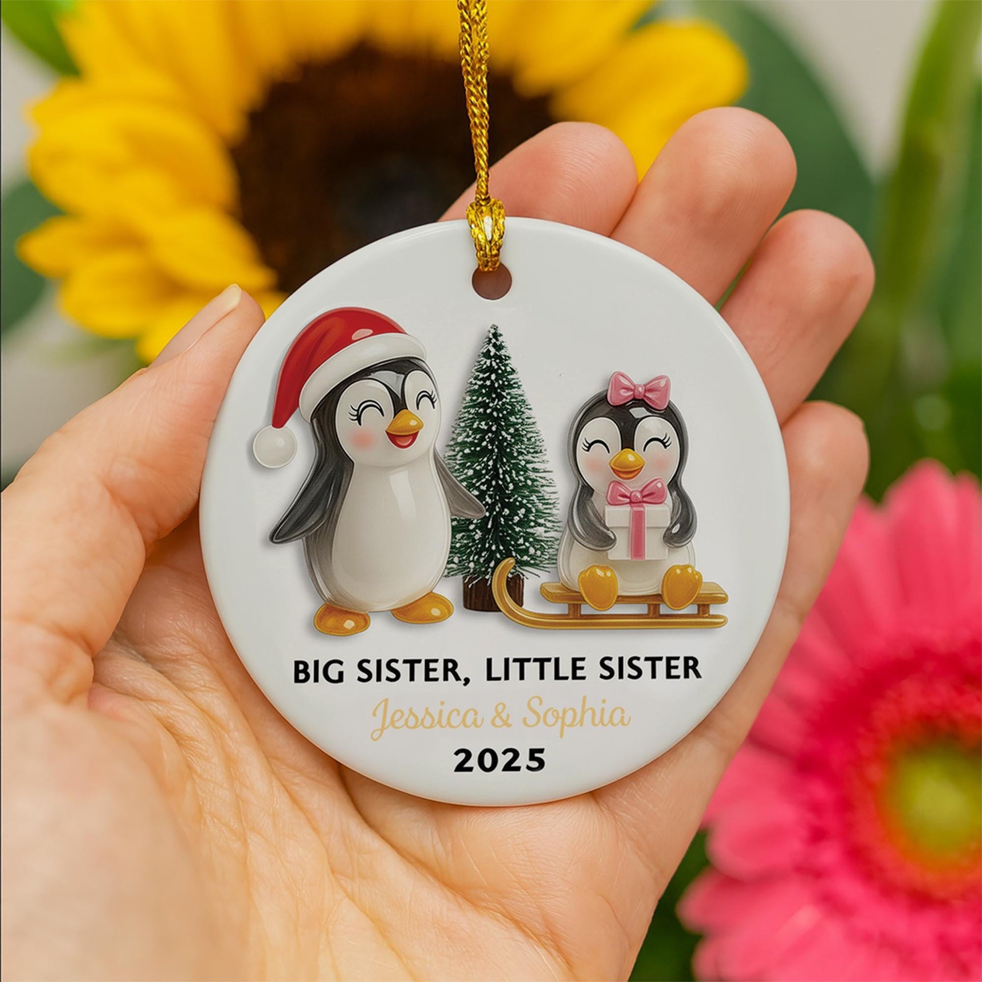 Personalized Penguin Sibling Ornament: Custom Ceramic Keepsake (Dated 2025)