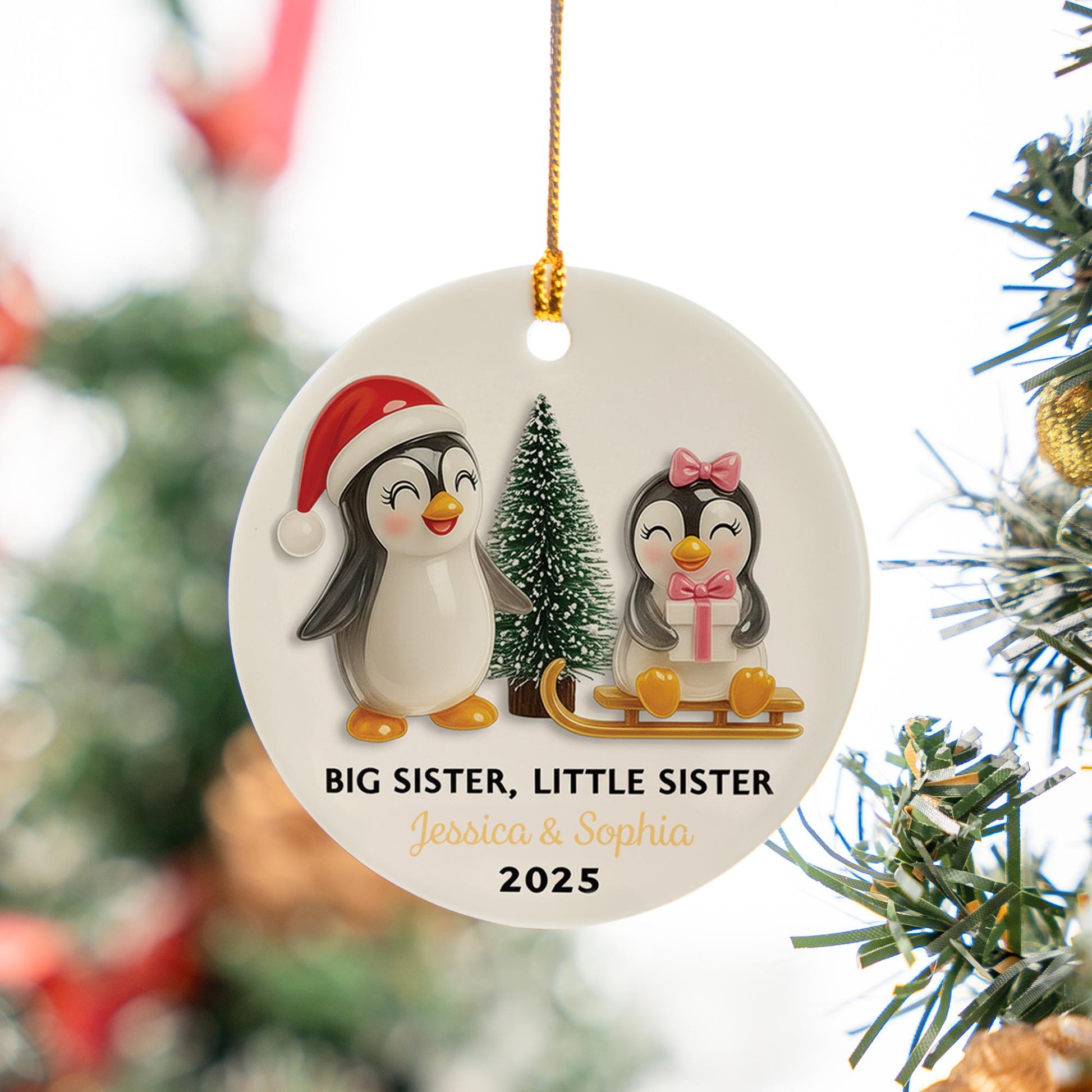Personalized Penguin Sibling Ornament: Custom Ceramic Keepsake (Dated 2025)