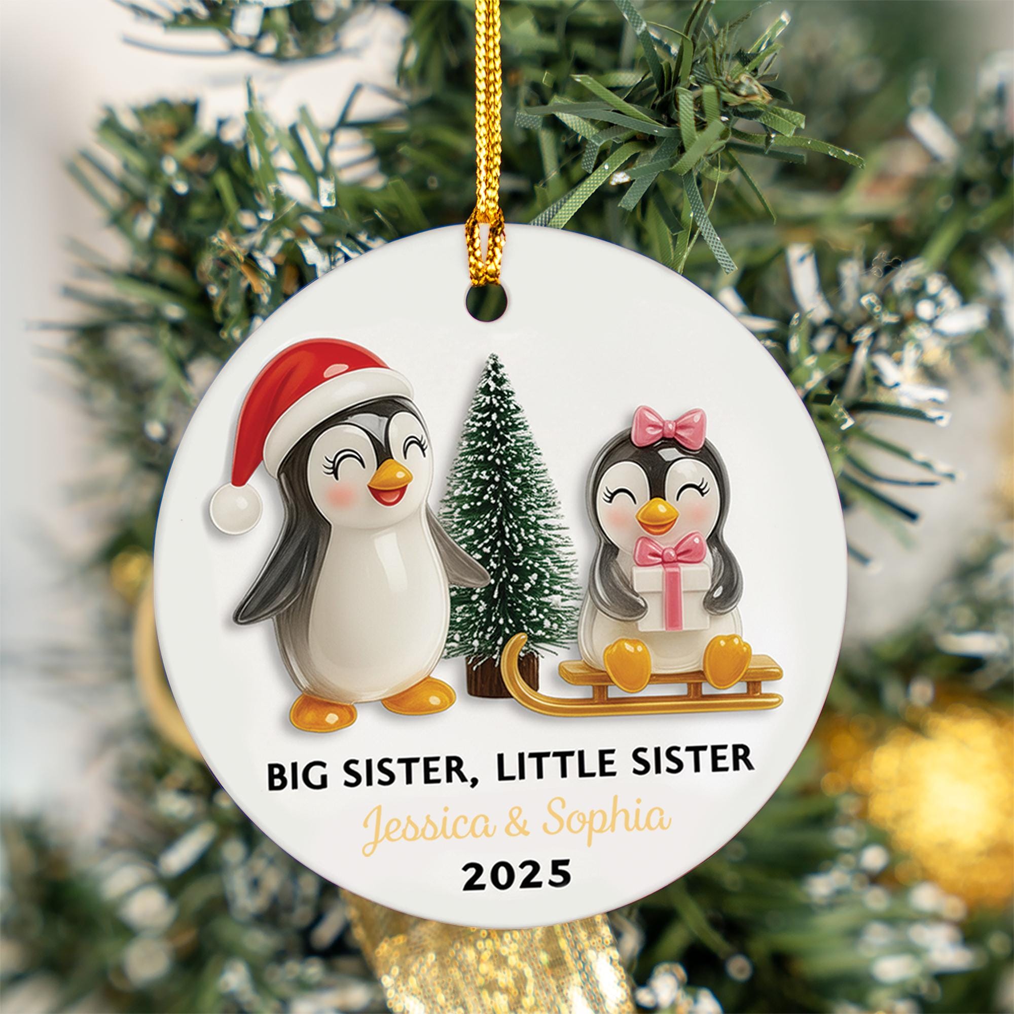 Personalized Penguin Sibling Ornament: Custom Ceramic Keepsake (Dated 2025)