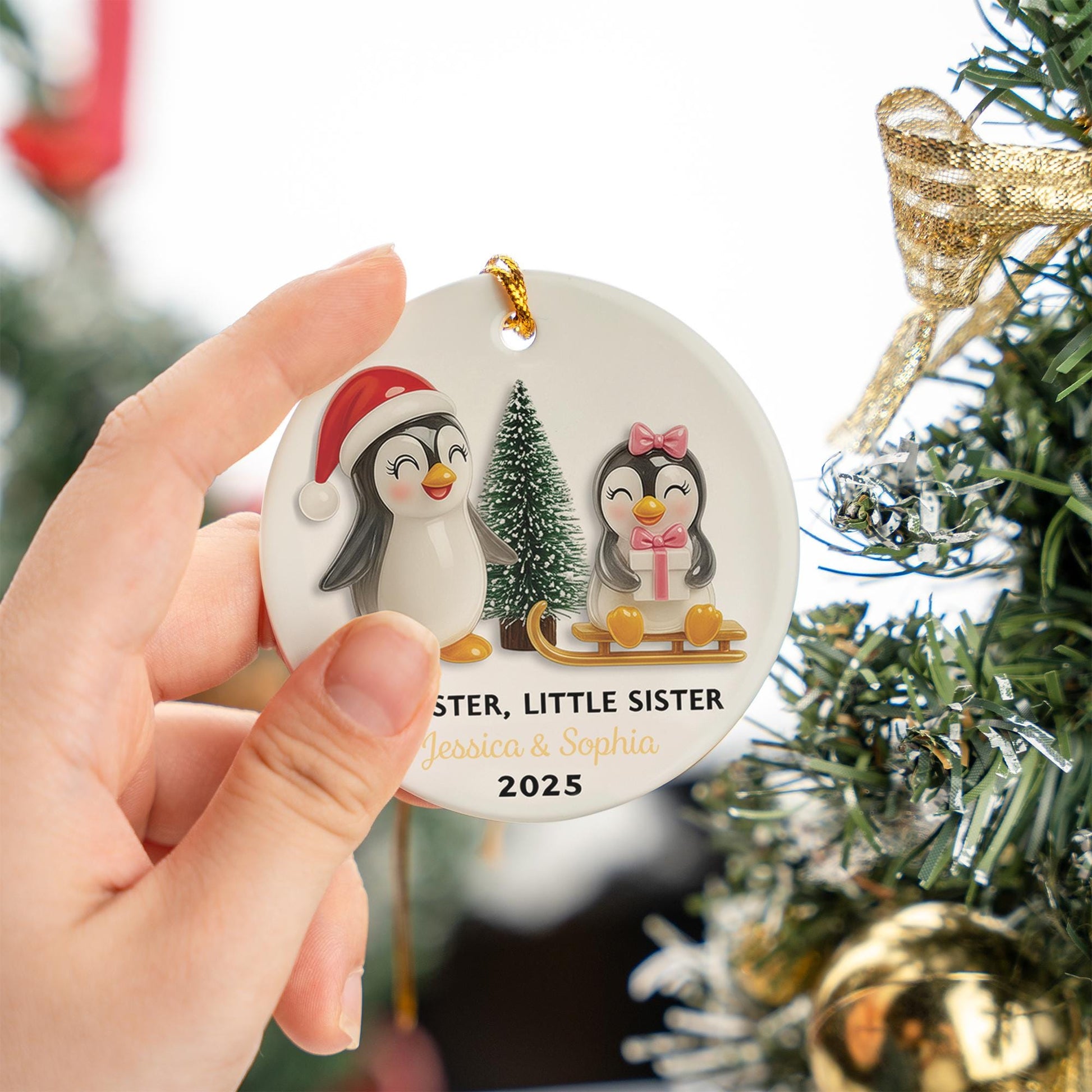 Personalized Penguin Sibling Ornament: Custom Ceramic Keepsake (Dated 2025)