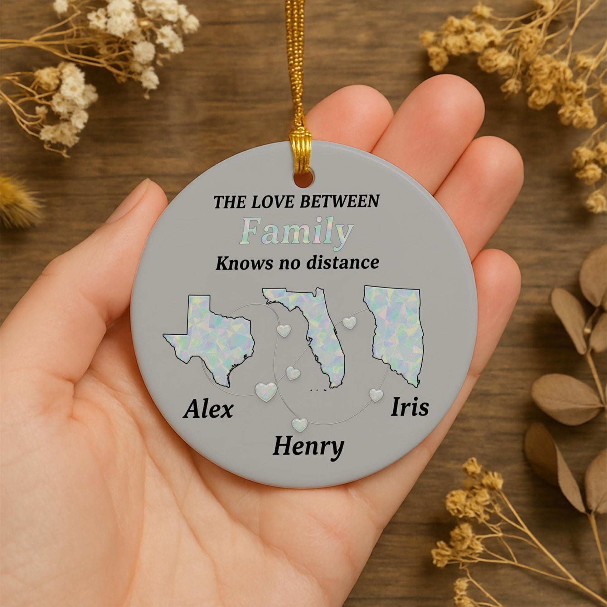 Personalized Long Distance Family Ornament: Custom State Maps, Ceramic Keepsake