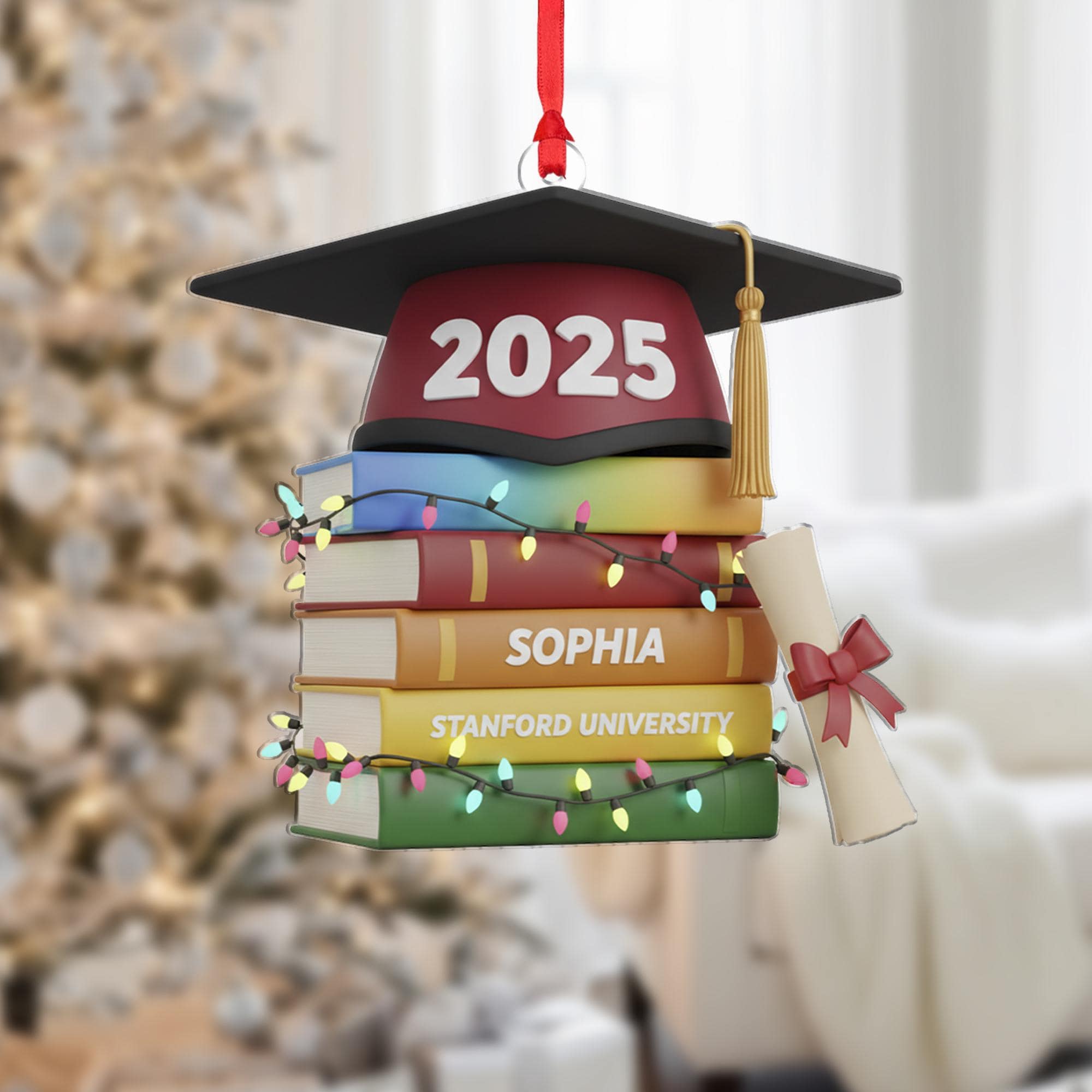 Personalized Graduation Ornament 2025, Custom Name and University on Stacked Books, Acrylic Keepsake Decoration