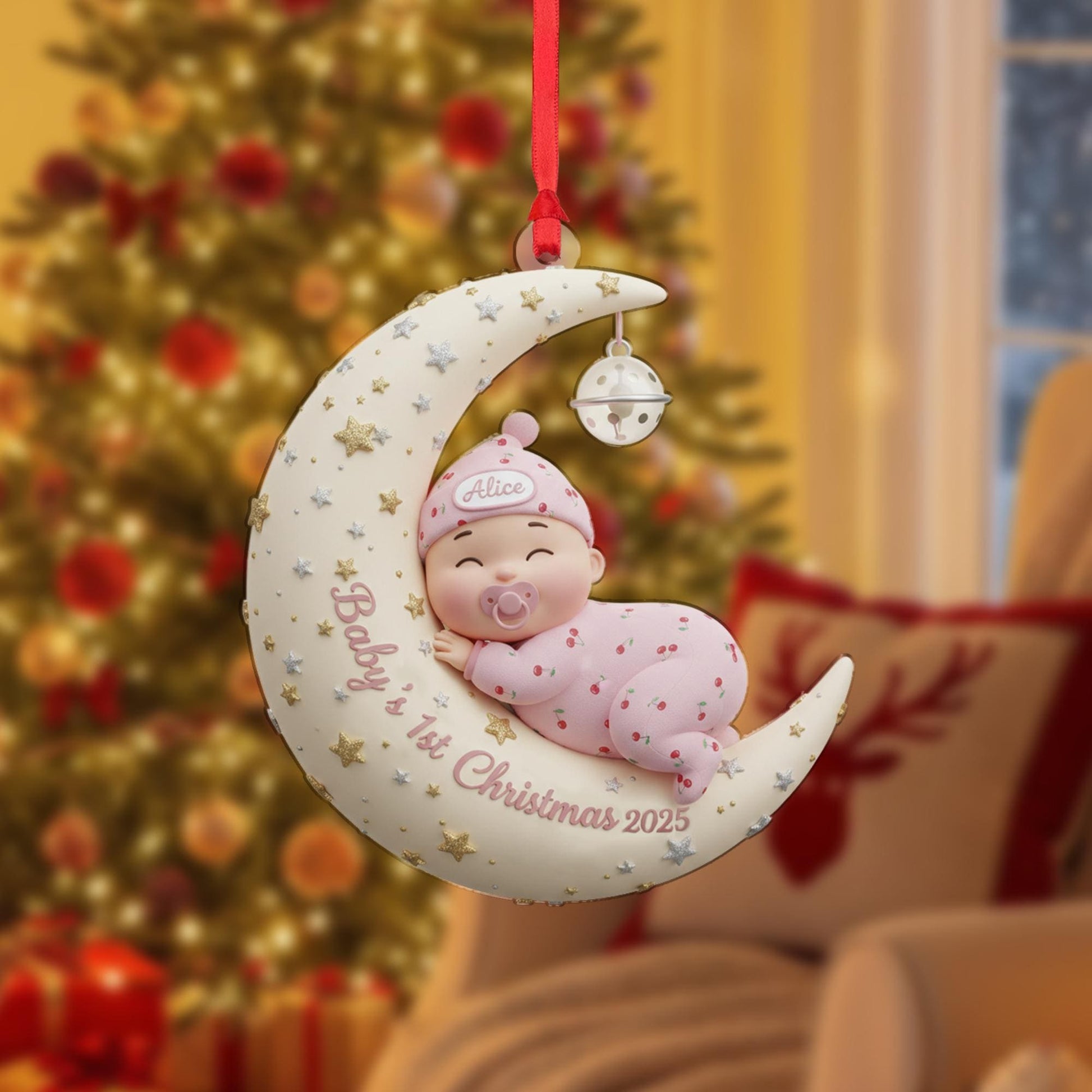 Personalized Baby's First Christmas Ornament: Sleeping Baby on Moon