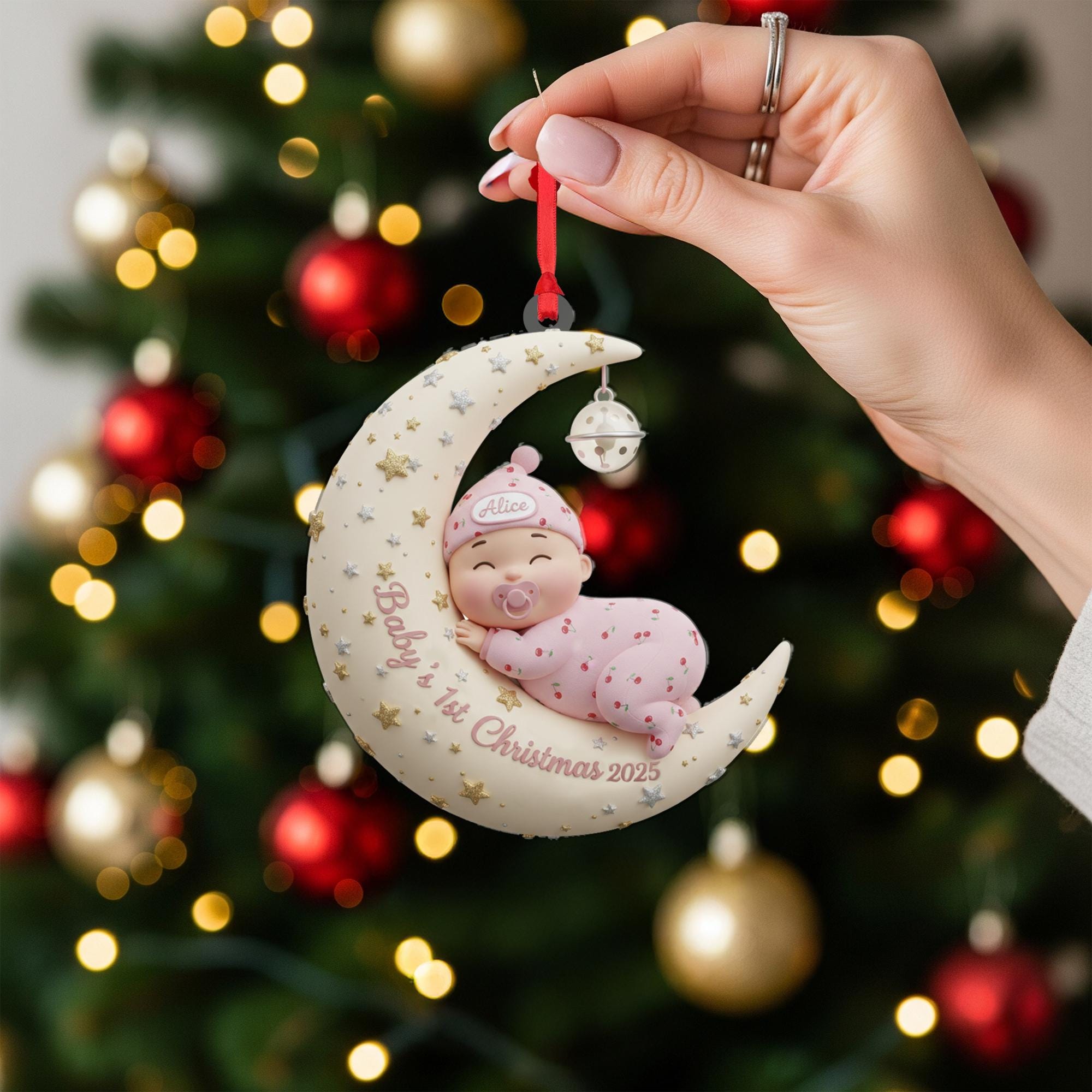 Personalized Baby's First Christmas Ornament: Sleeping Baby on Moon