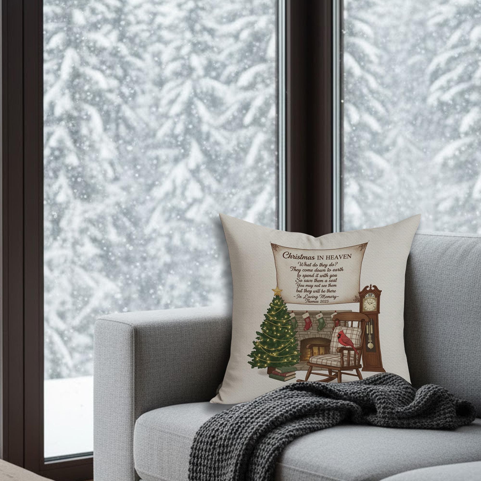 Personalized Memorial Pillow: Christmas Sympathy Decor with Cardinal, Empty Rocking Chair image 2
