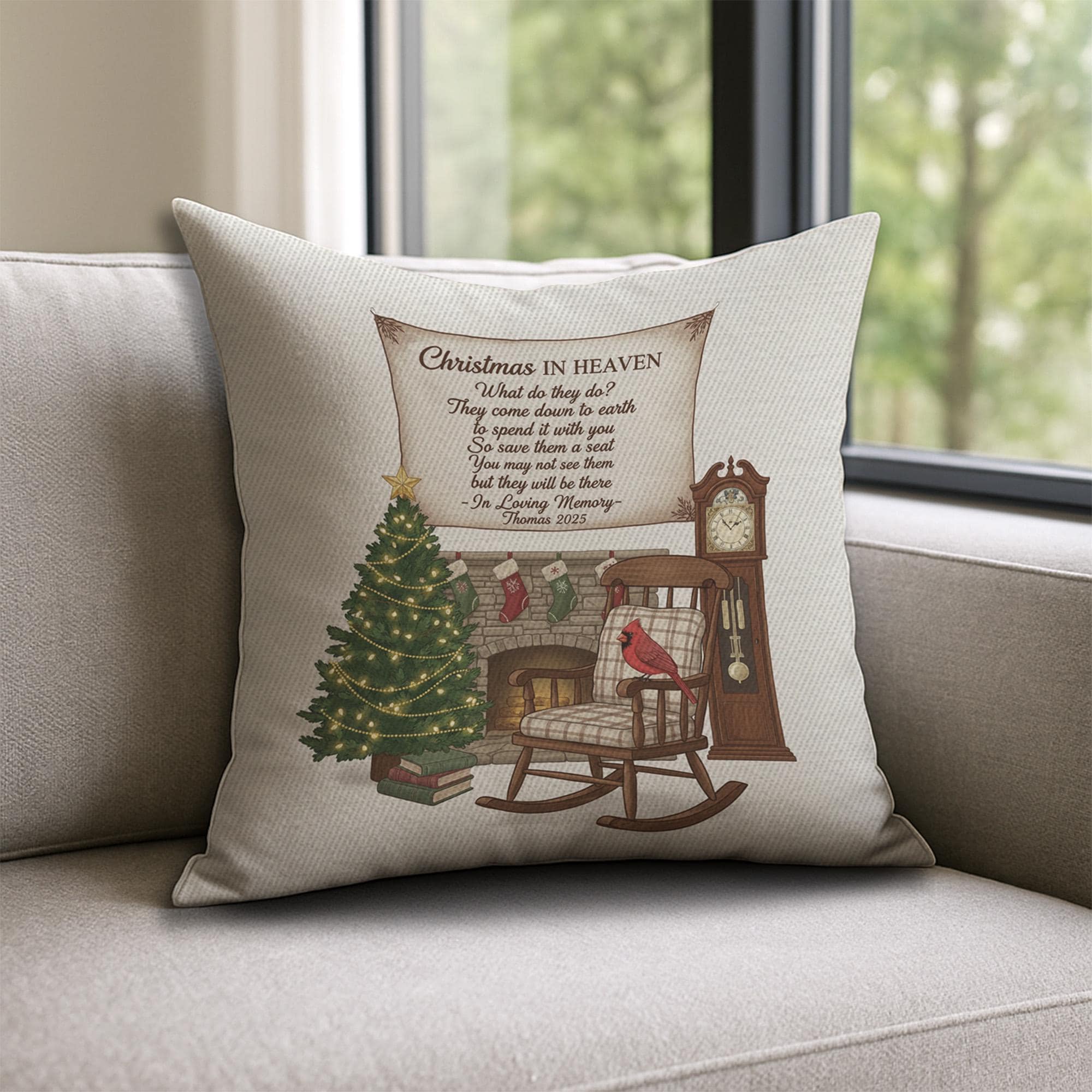 Personalized Memorial Pillow: Christmas Sympathy Decor with Cardinal, Empty Rocking Chair image 1