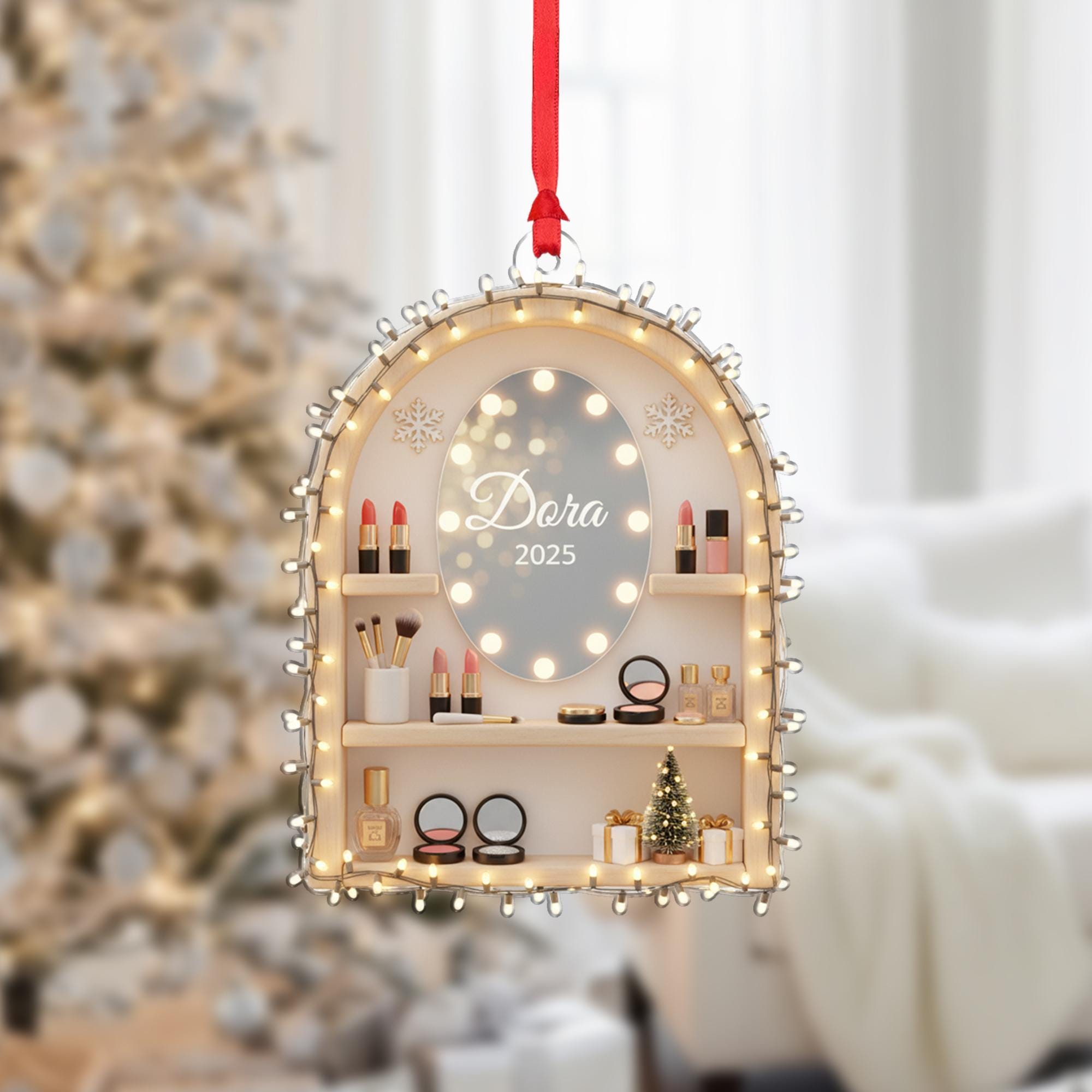 Personalized Makeup Vanity Ornament, Custom Name and Year on Mirror, Acrylic Dressing Table Decoration