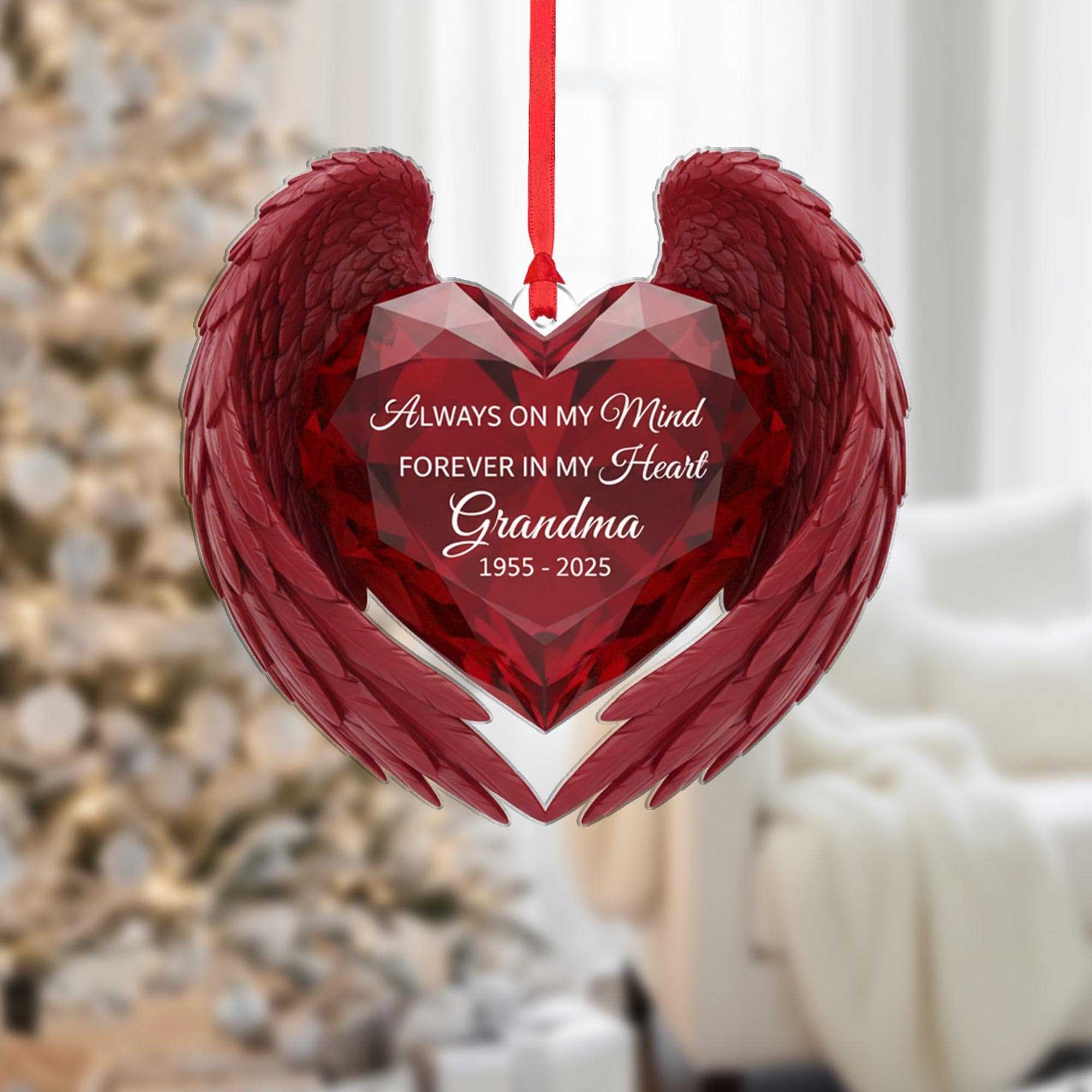 Personalized Memorial Ornament: Acrylic Heart with Angel Wings, Custom Dates, Sympathy Decor image 1