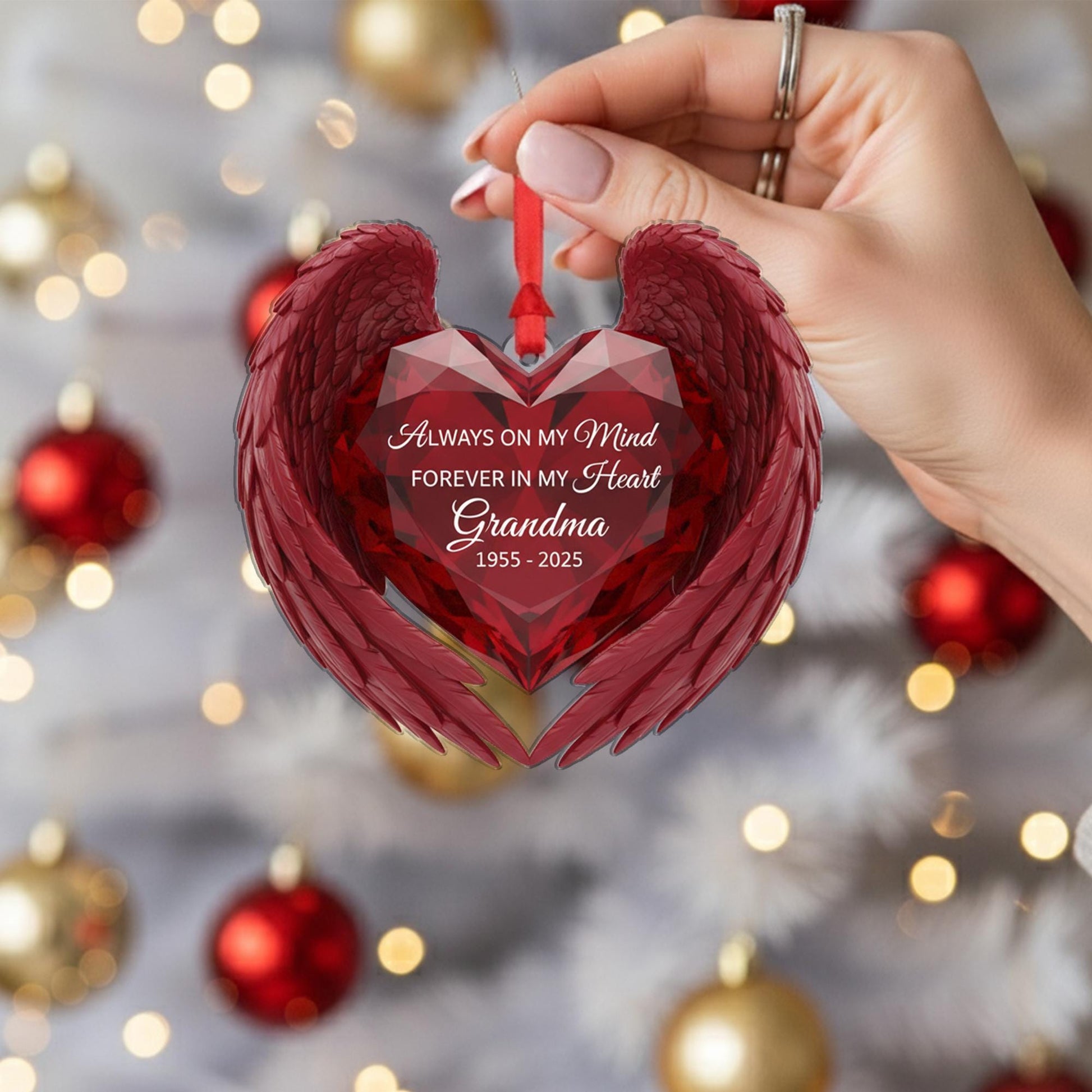 Personalized Memorial Ornament: Acrylic Heart with Angel Wings, Custom Dates, Sympathy Decor image 2