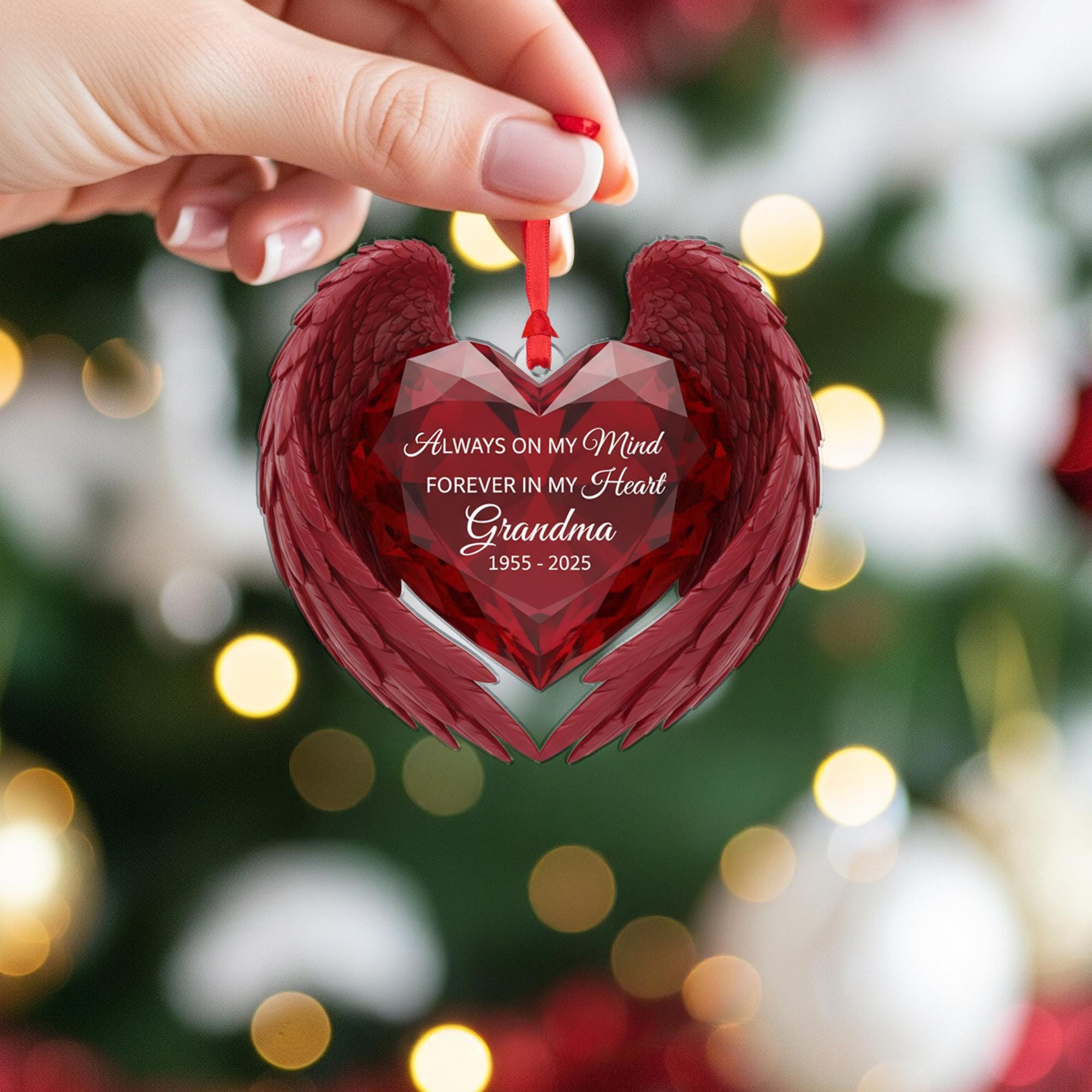 Personalized Memorial Ornament: Acrylic Heart with Angel Wings, Custom Dates, Sympathy Decor image 6