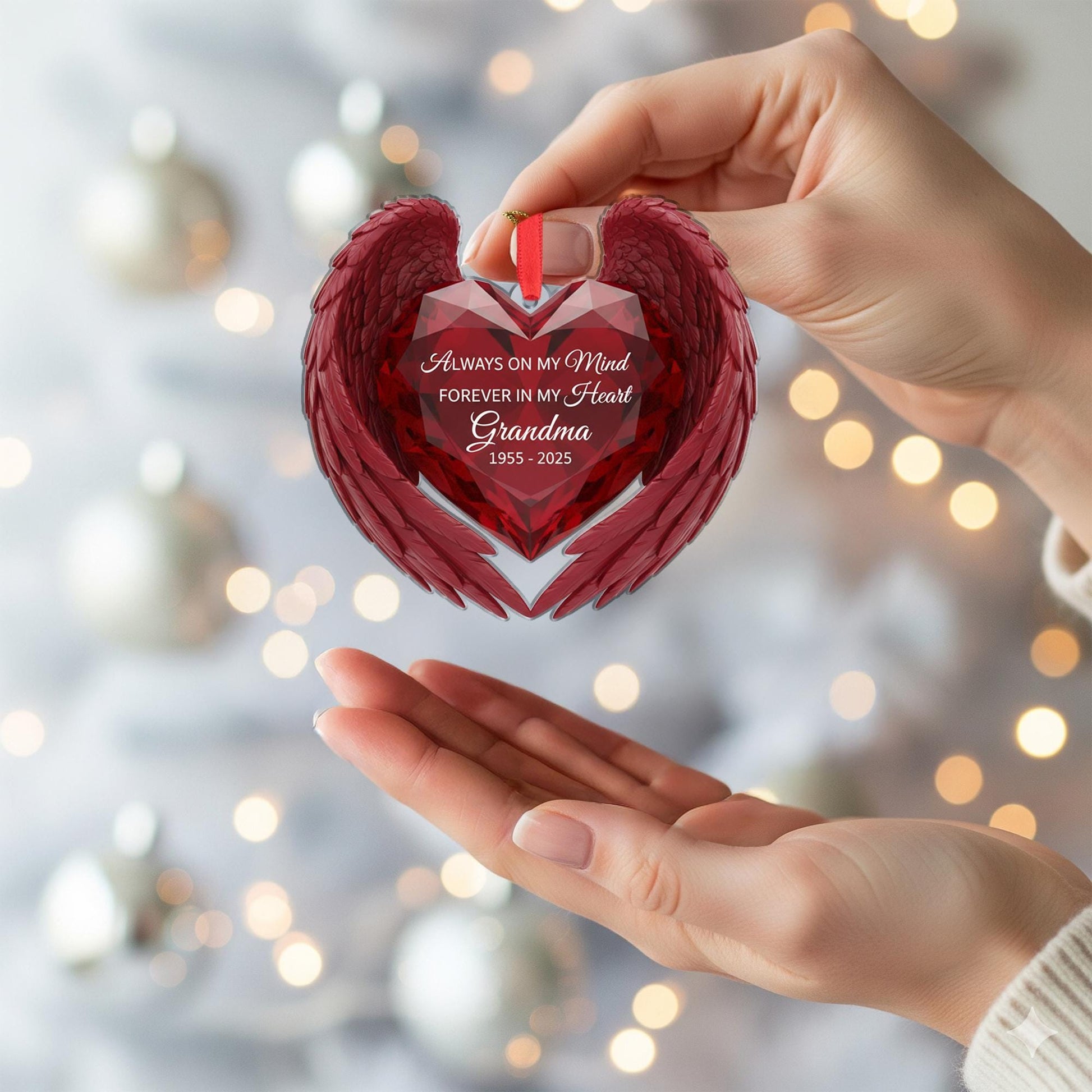 Personalized Memorial Ornament: Acrylic Heart with Angel Wings, Custom Dates, Sympathy Decor image 5