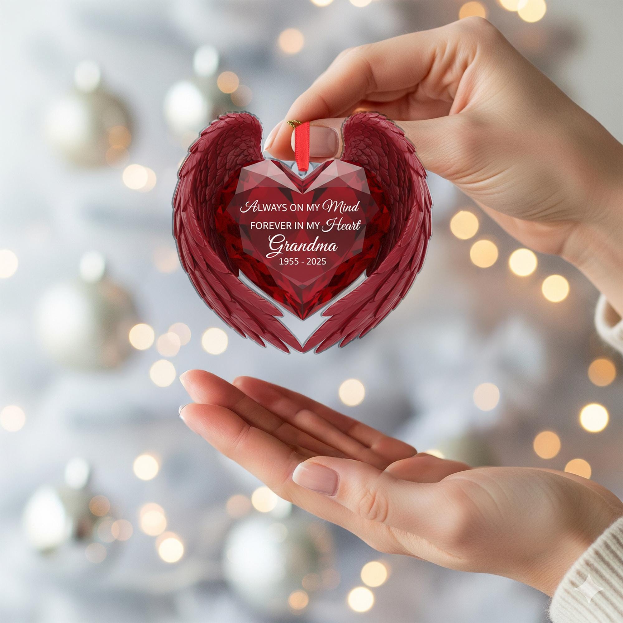 Personalized Memorial Ornament: Acrylic Heart with Angel Wings, Custom Dates, Sympathy Decor image 5