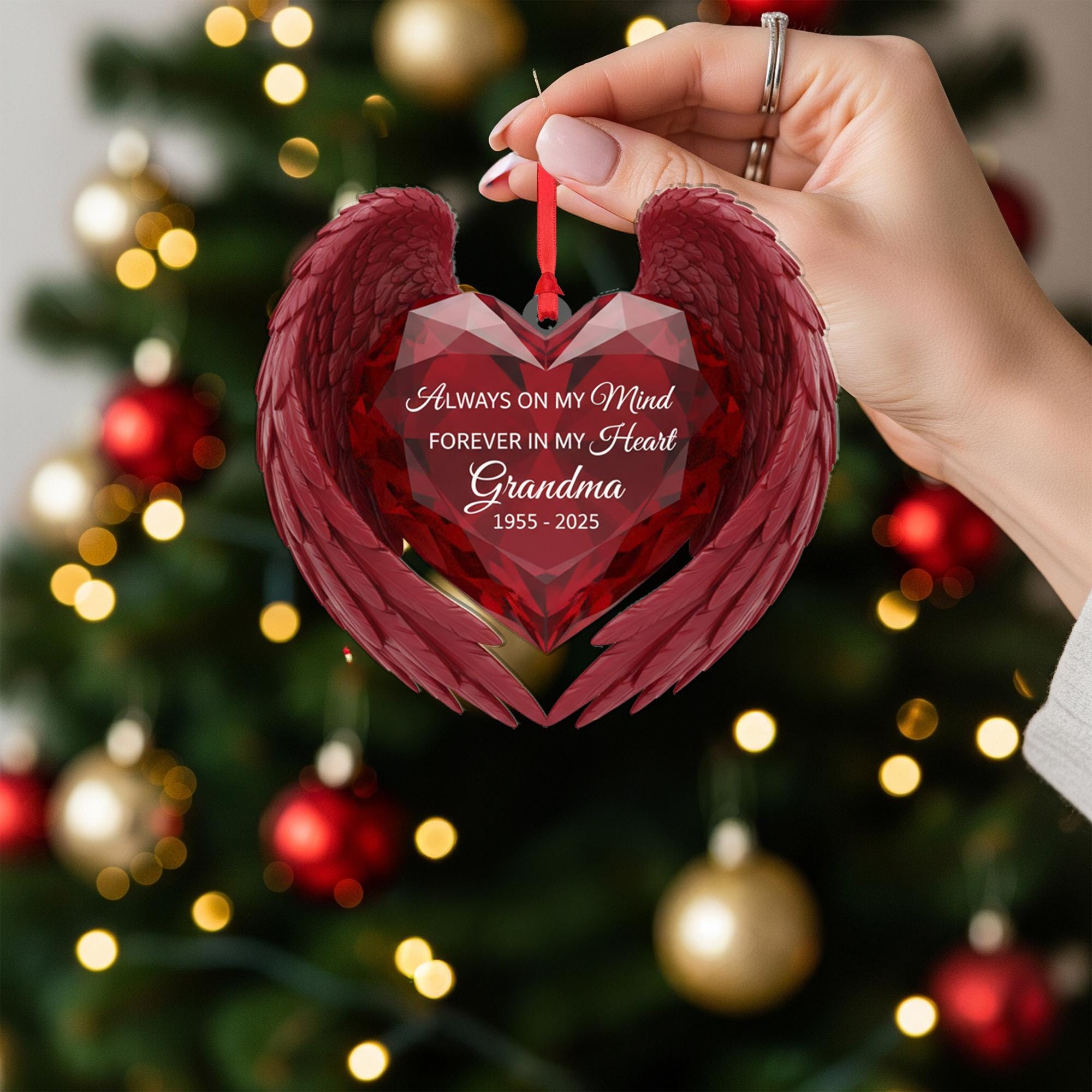 Personalized Memorial Ornament: Acrylic Heart with Angel Wings, Custom Dates, Sympathy Decor image 7