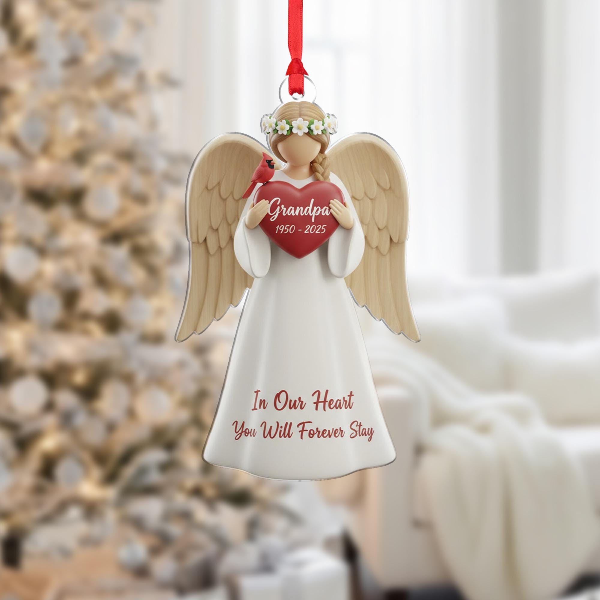 Personalized Angel Memorial Ornament: Figurine with Cardinal, Custom Name and Dates, Sympathy Decor image 1