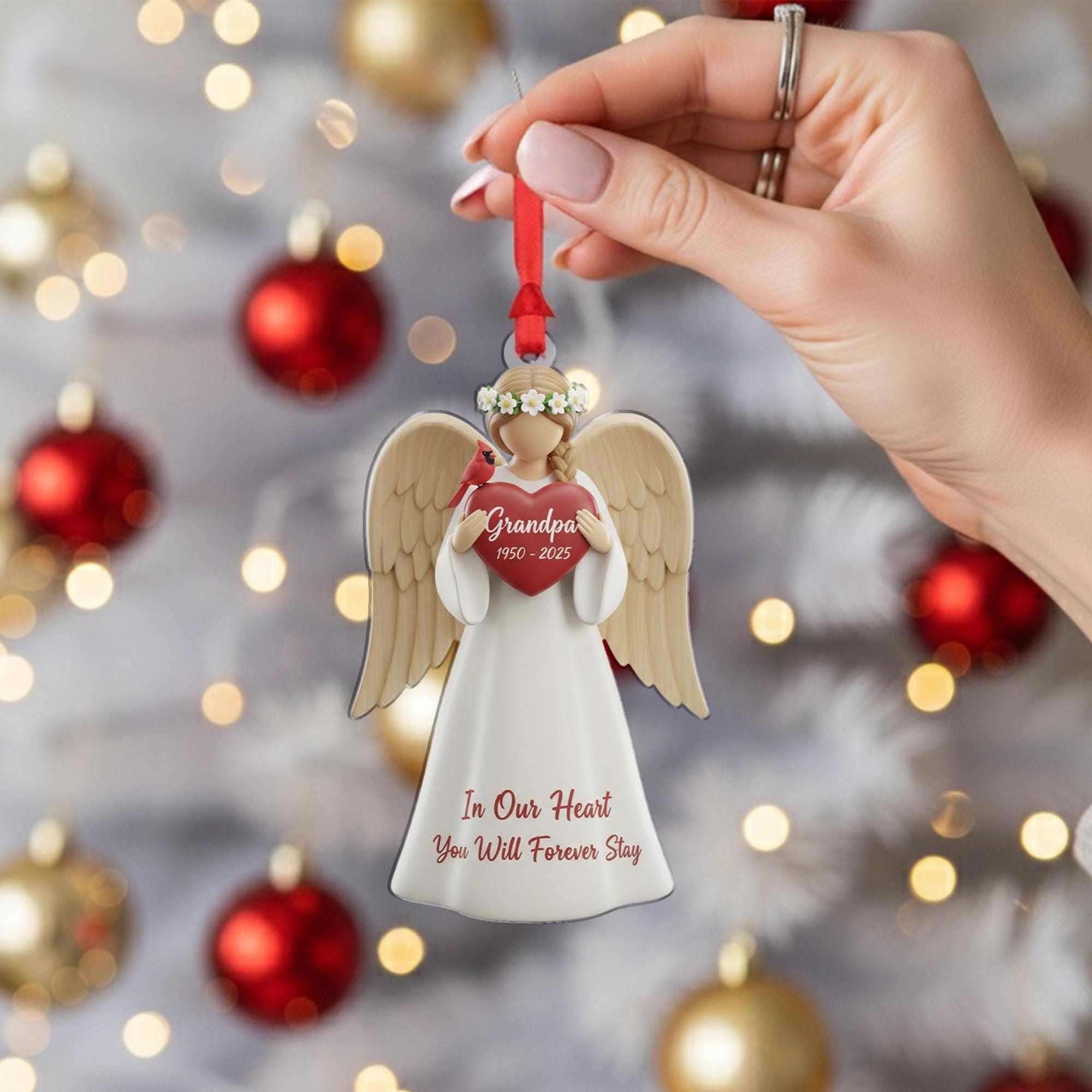 Personalized Angel Memorial Ornament: Figurine with Cardinal, Custom Name and Dates, Sympathy Decor image 6