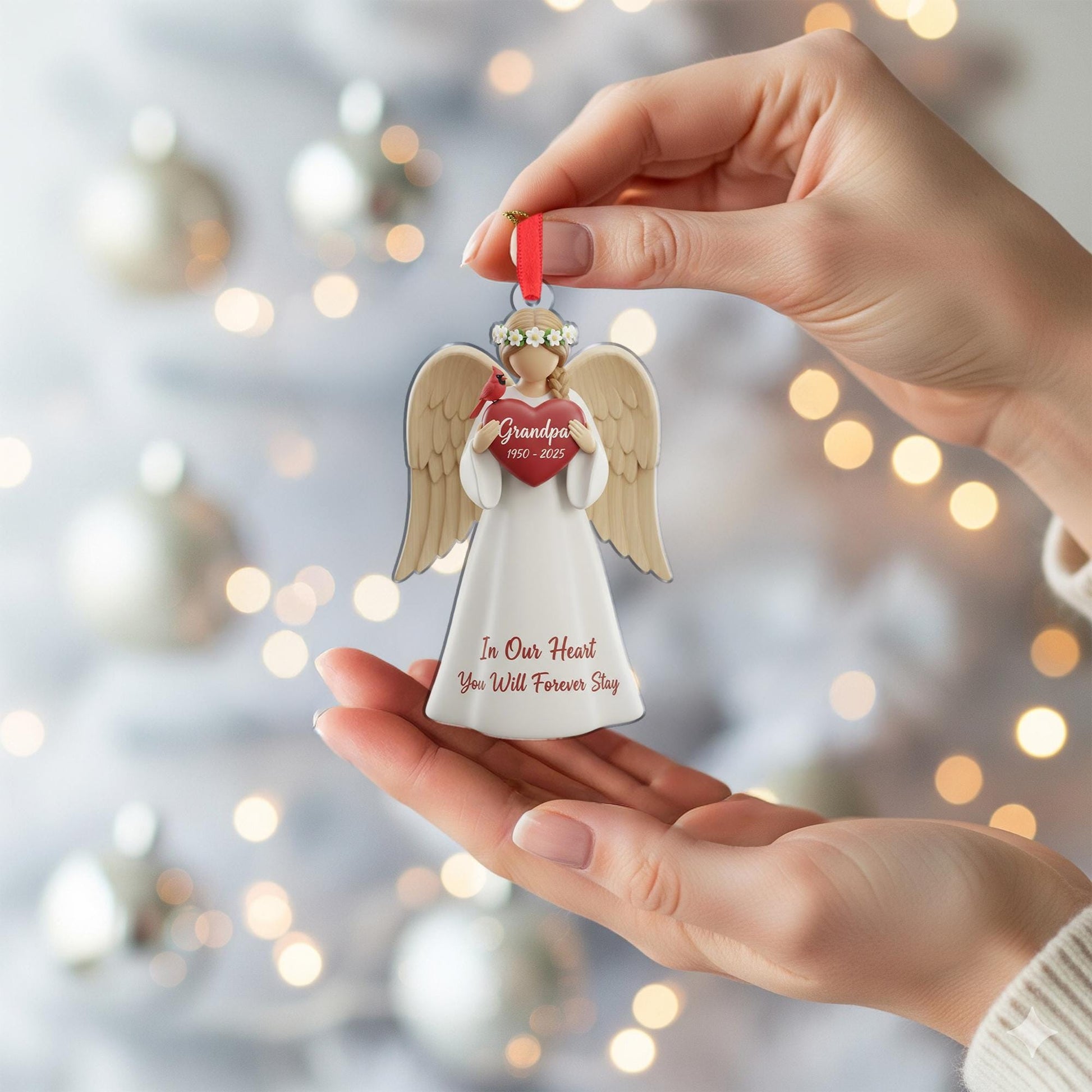 Personalized Angel Memorial Ornament: Figurine with Cardinal, Custom Name and Dates, Sympathy Decor image 4