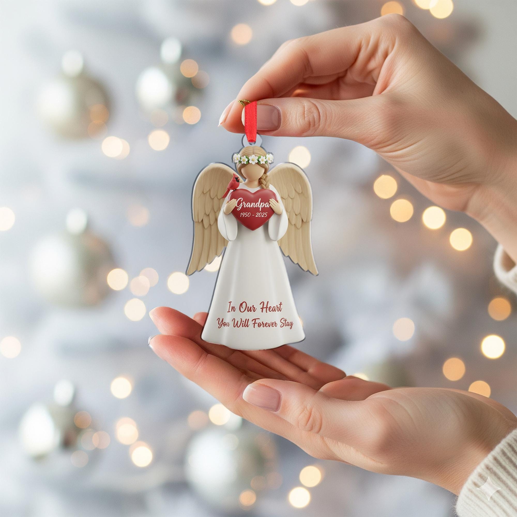 Personalized Angel Memorial Ornament: Figurine with Cardinal, Custom Name and Dates, Sympathy Decor image 4