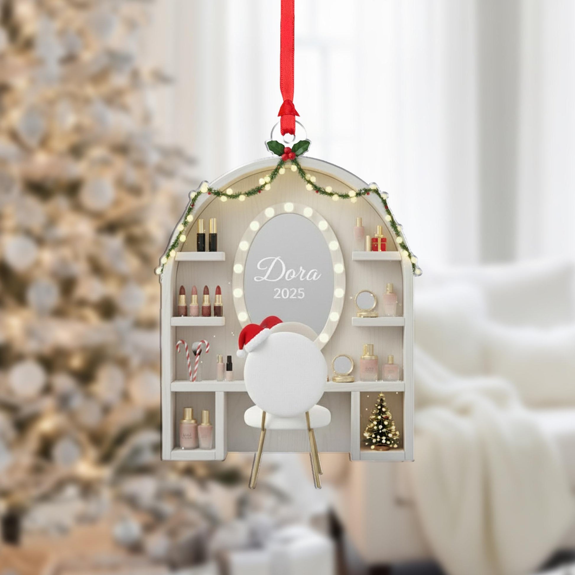 Personalized Makeup Vanity Ornament, Custom Name and Year on Mirror, Acrylic Dressing Table Decoration