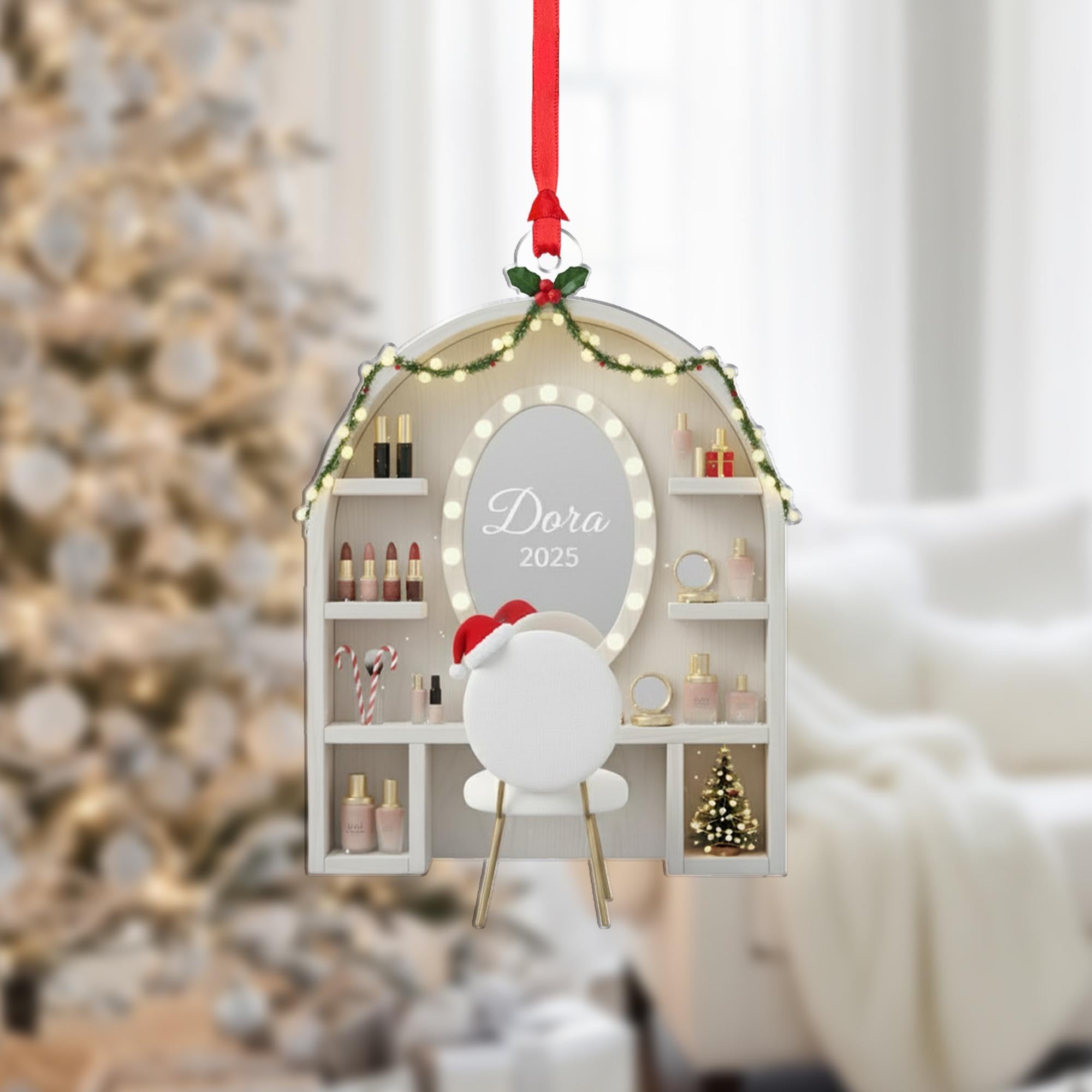 Personalized Makeup Vanity Ornament, Custom Name and Year on Mirror, Acrylic Dressing Table Decoration