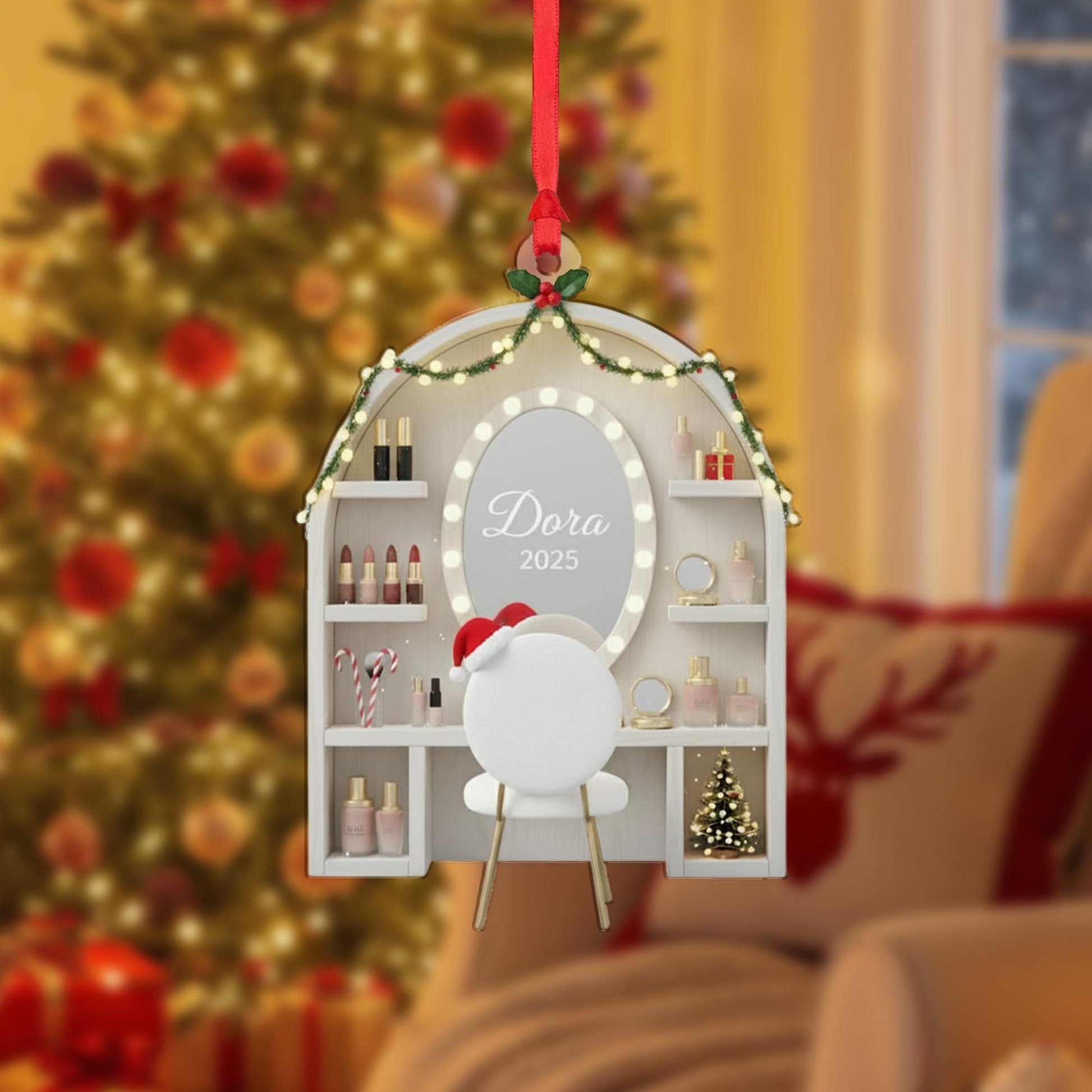 Personalized Makeup Vanity Ornament, Custom Name and Year on Mirror, Acrylic Dressing Table Decoration