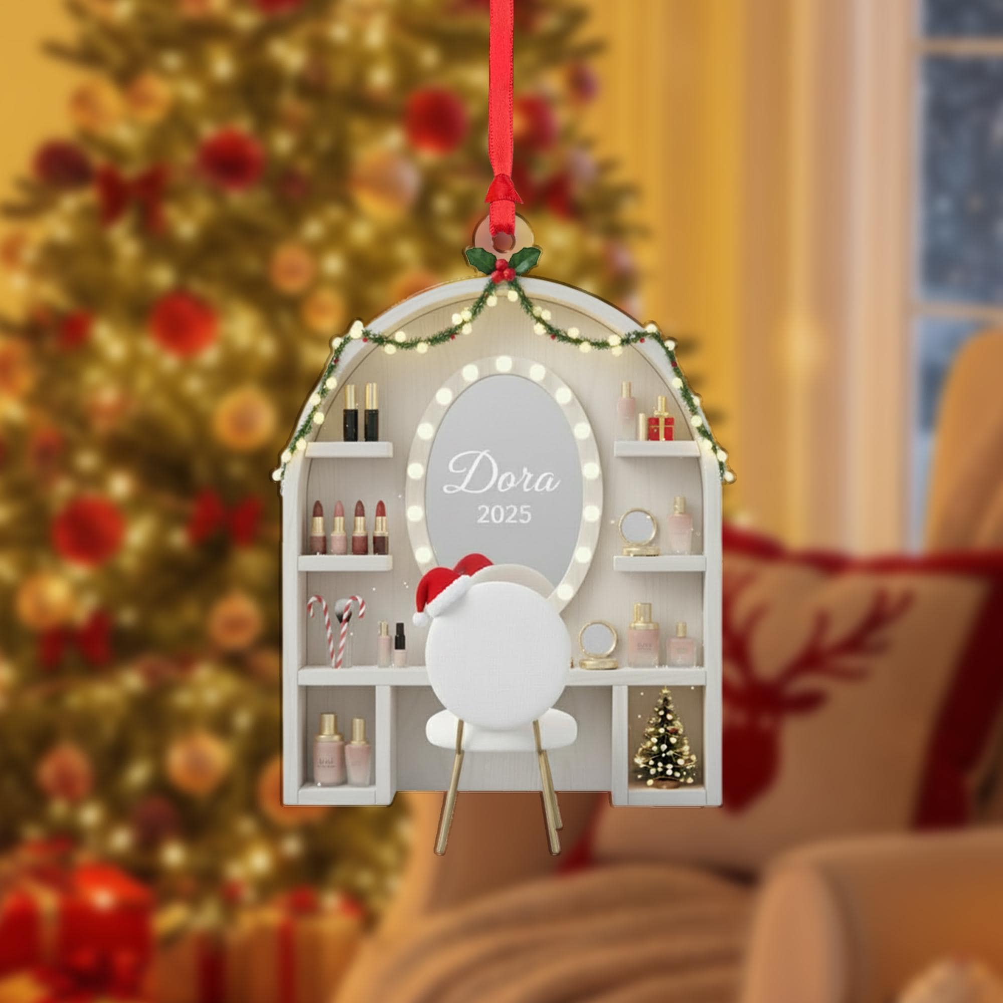 Personalized Makeup Vanity Ornament, Custom Name and Year on Mirror, Acrylic Dressing Table Decoration