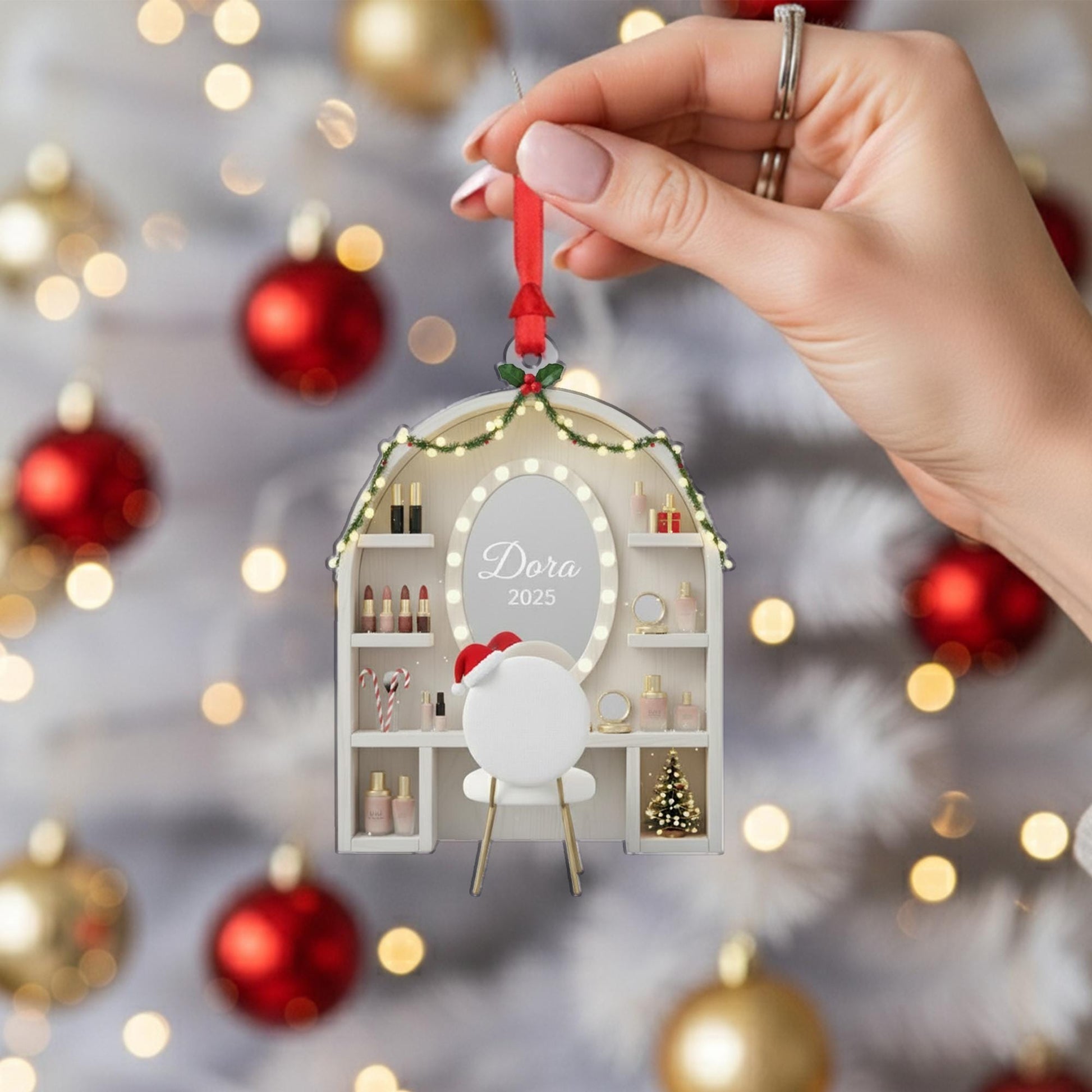 Personalized Makeup Vanity Ornament, Custom Name and Year on Mirror, Acrylic Dressing Table Decoration