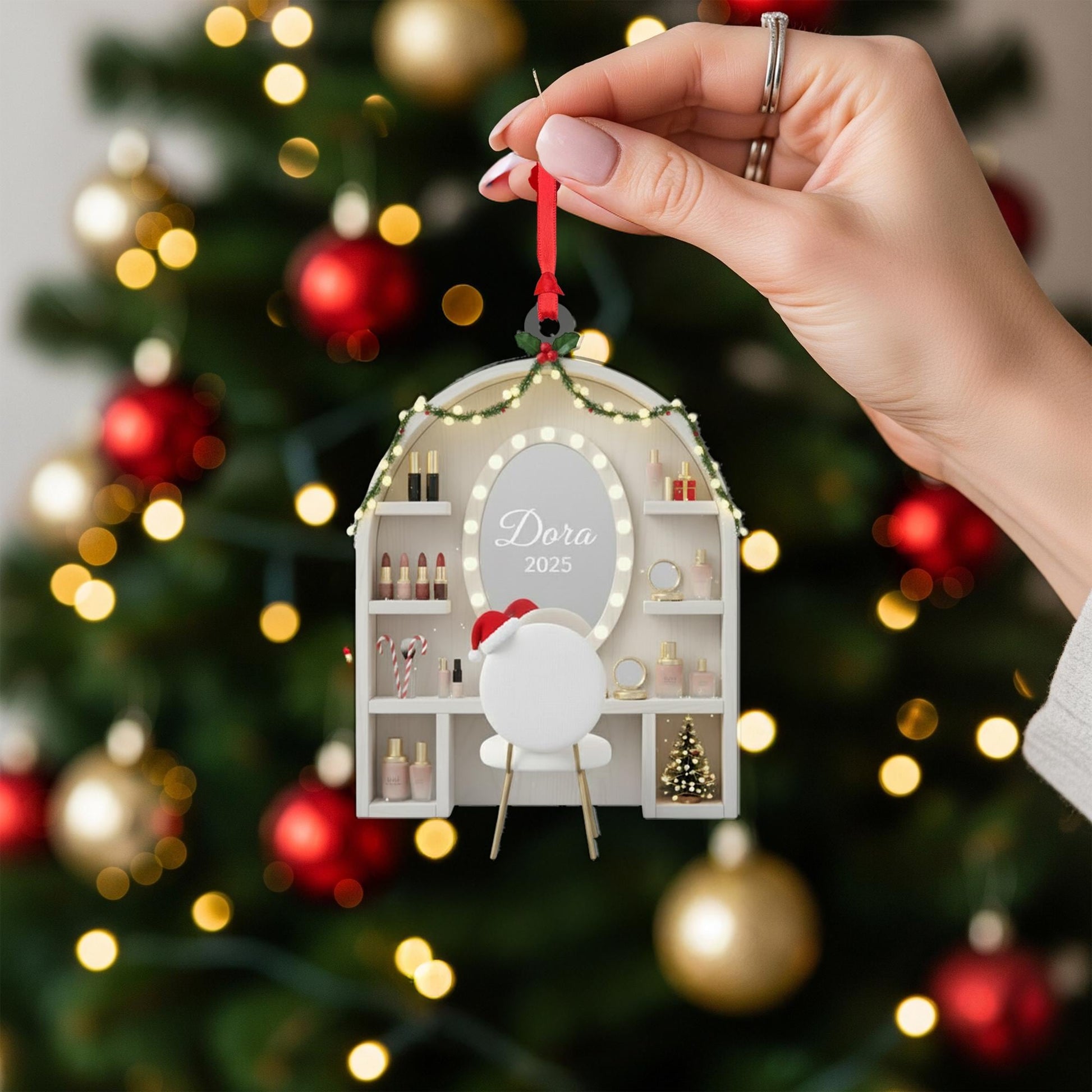 Personalized Makeup Vanity Ornament, Custom Name and Year on Mirror, Acrylic Dressing Table Decoration