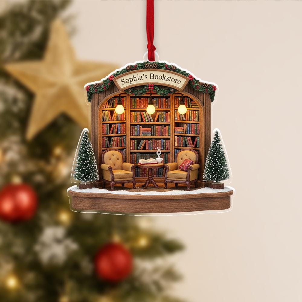 Personalized Bookstore Ornament – Custom Name Cozy Bookshop Holiday Keepsake image 2