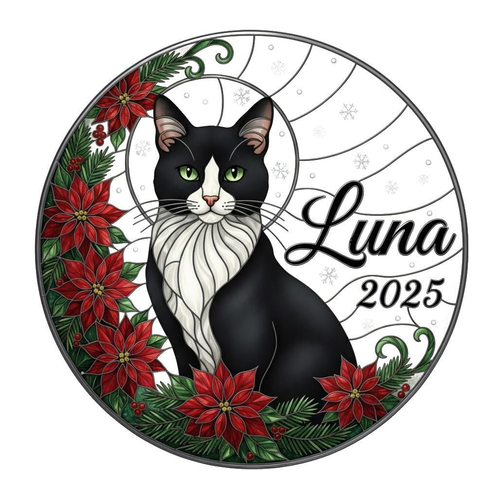 Personalized Tuxedo Cat Suncatcher, Custom Name and Year, Sunflower Window Hanging, Pet Memorial Decor