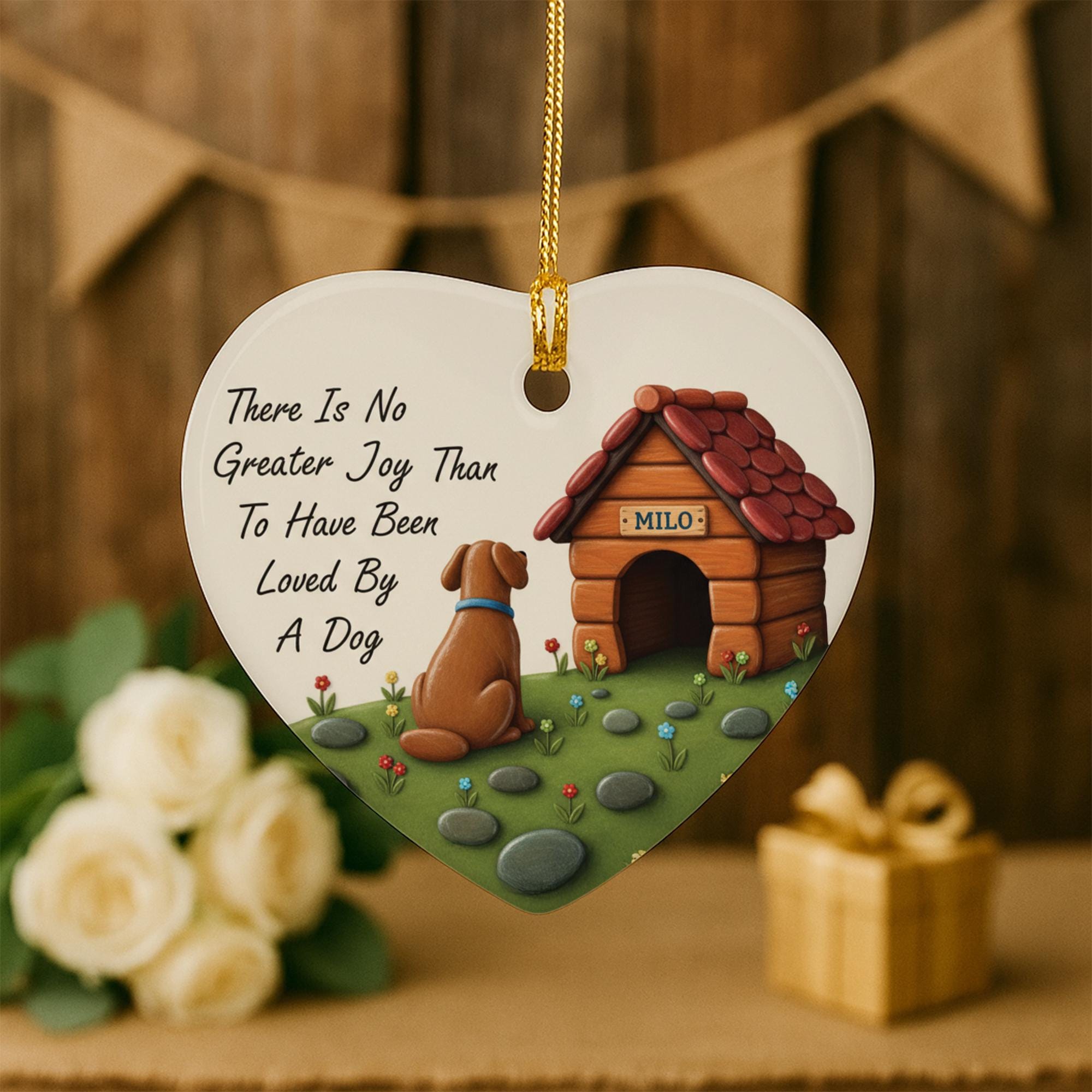 Personalized Dog Memorial Ornament: Ceramic Heart with Custom Name, "Loved By A Dog" Quote image 2
