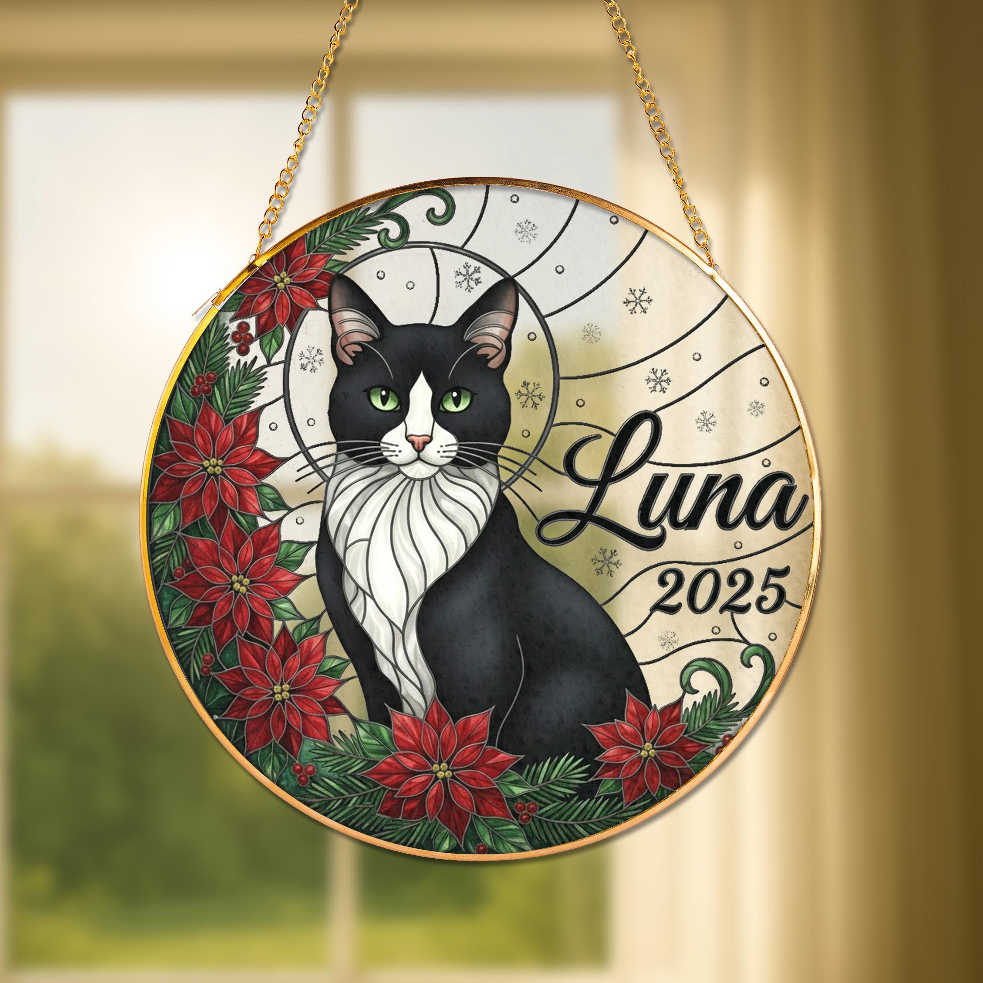 Personalized Tuxedo Cat Suncatcher, Custom Name and Year, Christmas Poinsettia Design, Pet Memorial