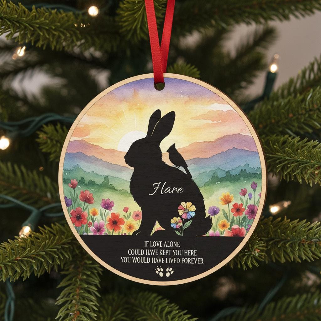 Personalized Rabbit Memorial Ornament: Watercolor Wildflower Acrylic Keepsake