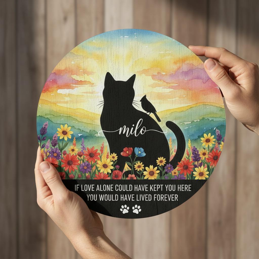 Personalized Cat Memorial Sign: Watercolor Sunset, Custom Name Wooden Plaque