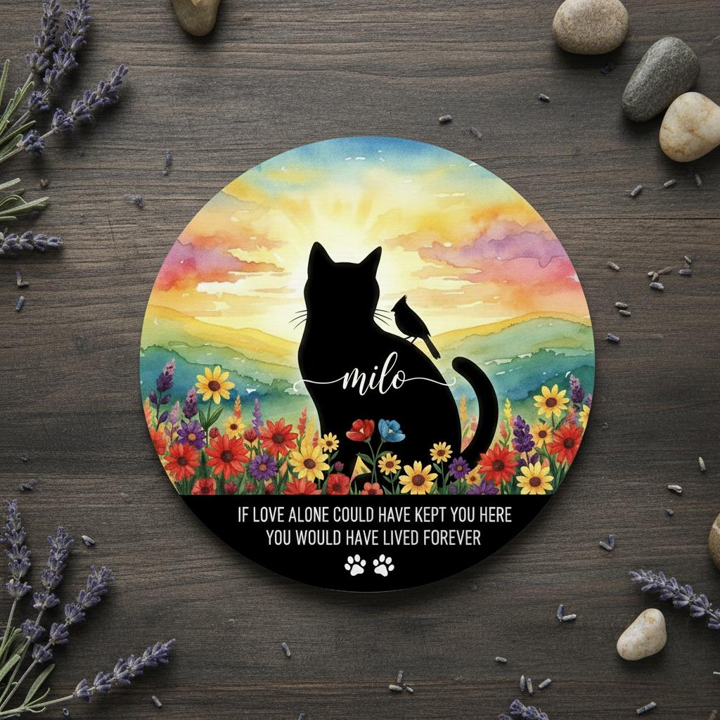 Personalized Cat Memorial Sign: Watercolor Sunset, Custom Name Wooden Plaque