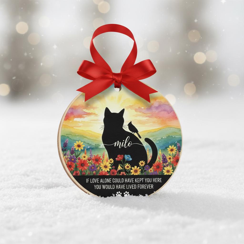 Personalized Cat Memorial Ornament: Watercolor Sunset, Custom Name Acrylic Keepsake