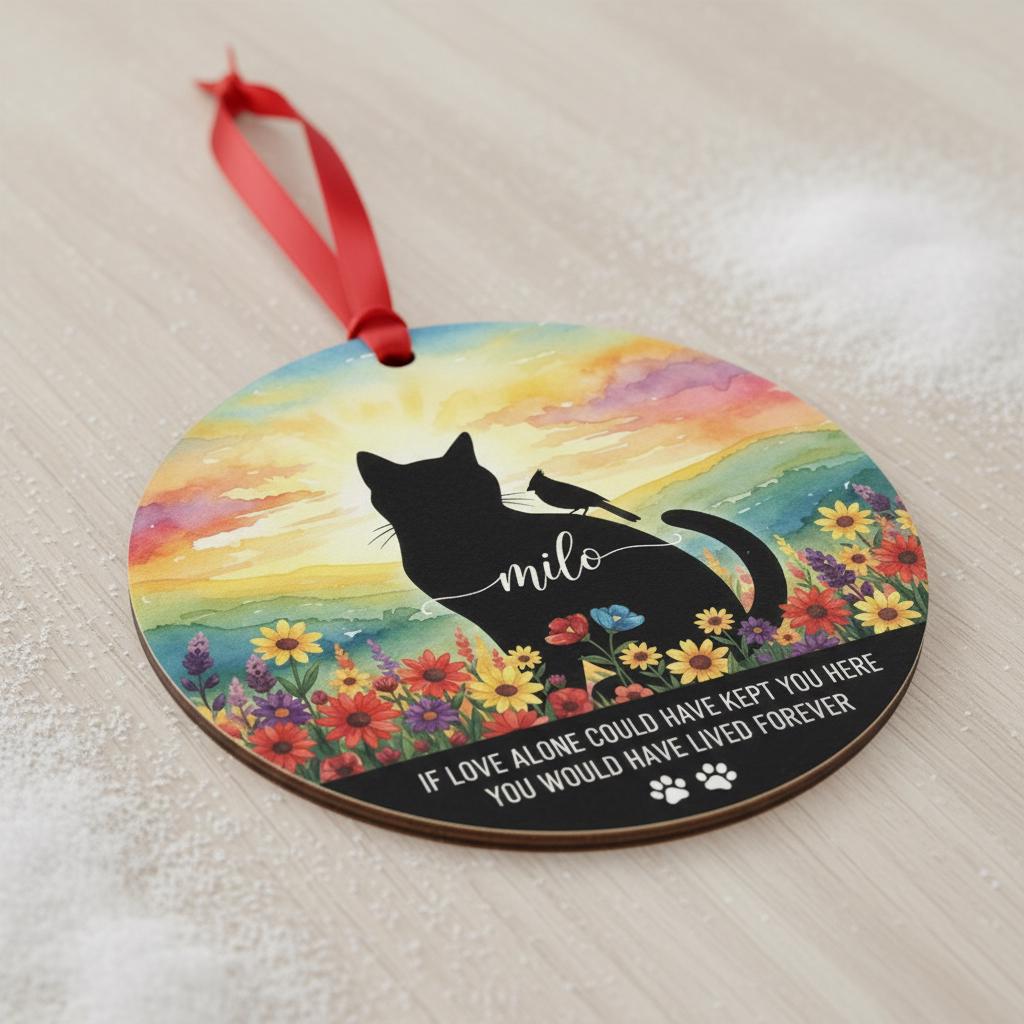 Personalized Cat Memorial Ornament: Watercolor Sunset, Custom Name Acrylic Keepsake