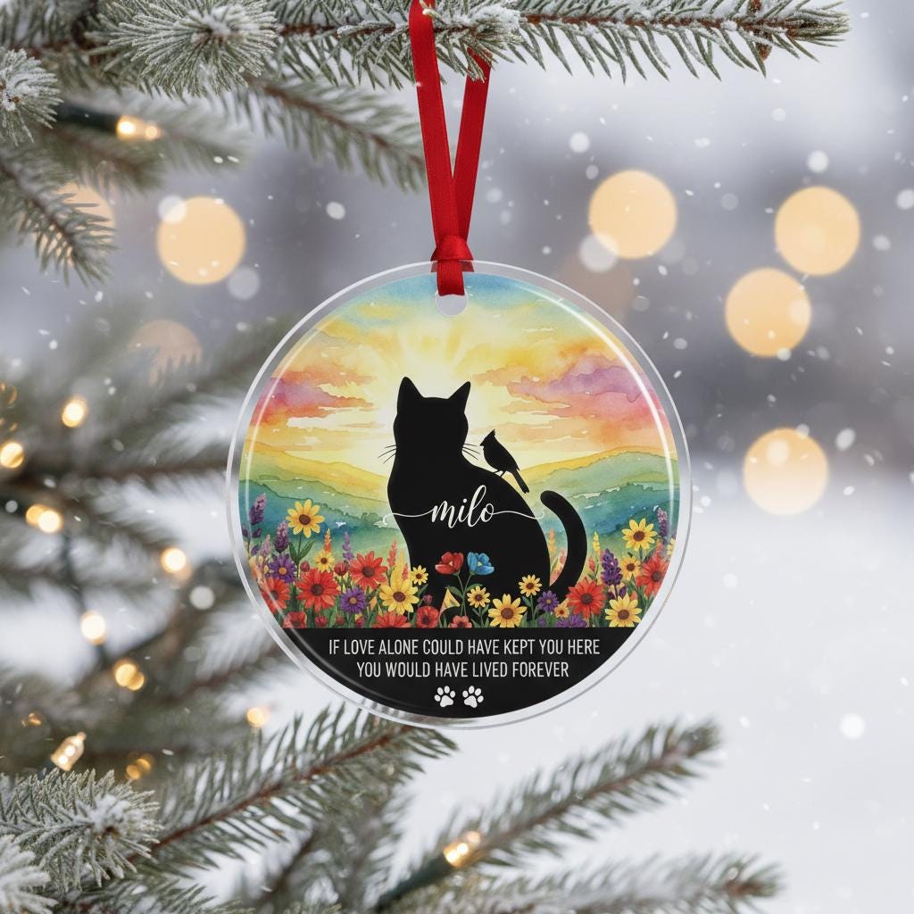 Personalized Cat Memorial Ornament: Watercolor Sunset, Custom Name Acrylic Keepsake