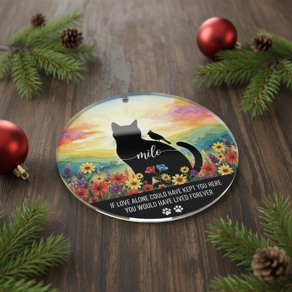 Personalized Cat Memorial Ornament: Watercolor Sunset, Custom Name Acrylic Keepsake
