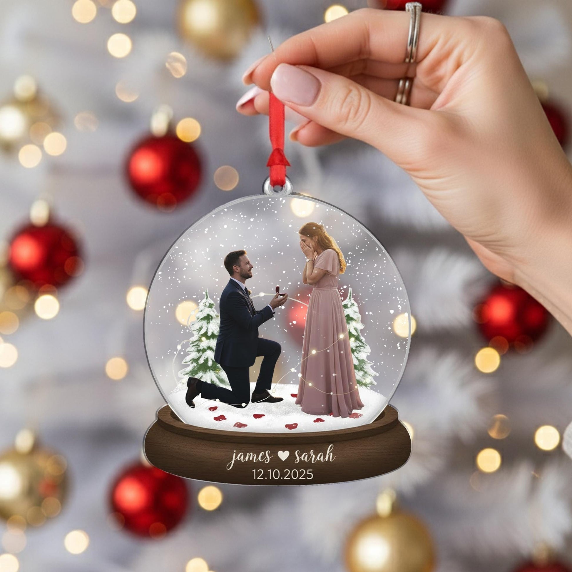 Custom Engagement Ornament – Snow Globe Keepsake with Couple’s Names & Date