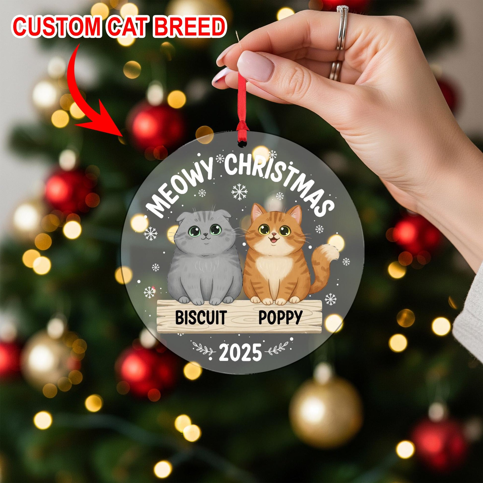 Custom Cat Ornament – Holiday Keepsake with Pet Names & Breed Illustration